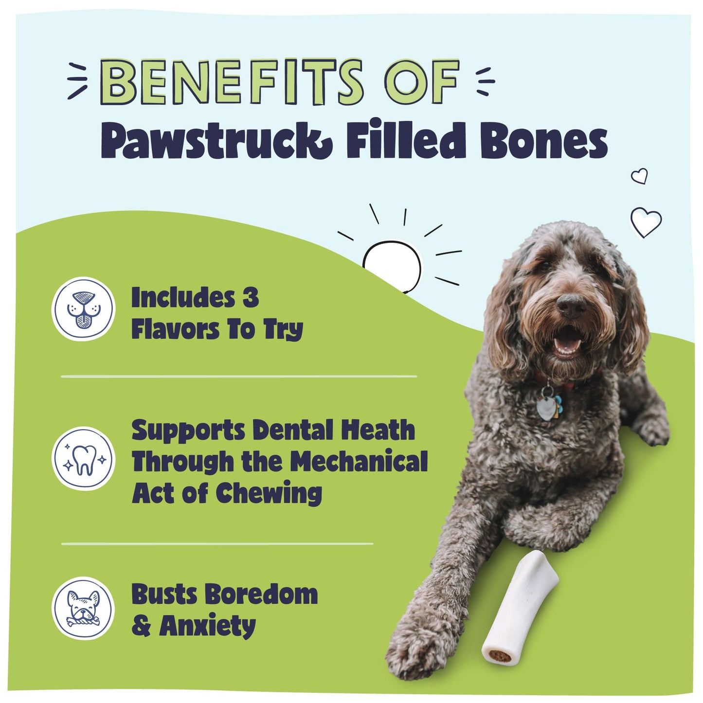 Pawstruck Large 5-6” Filled Dog Bones Variety Pack - Peanut Butter, Cheese & Bacon, Beef Flavors - Made in USA, Long Lasting Stuffed Femur Treat for Aggressive Chewers - Pack of 3, Packaging May Vary