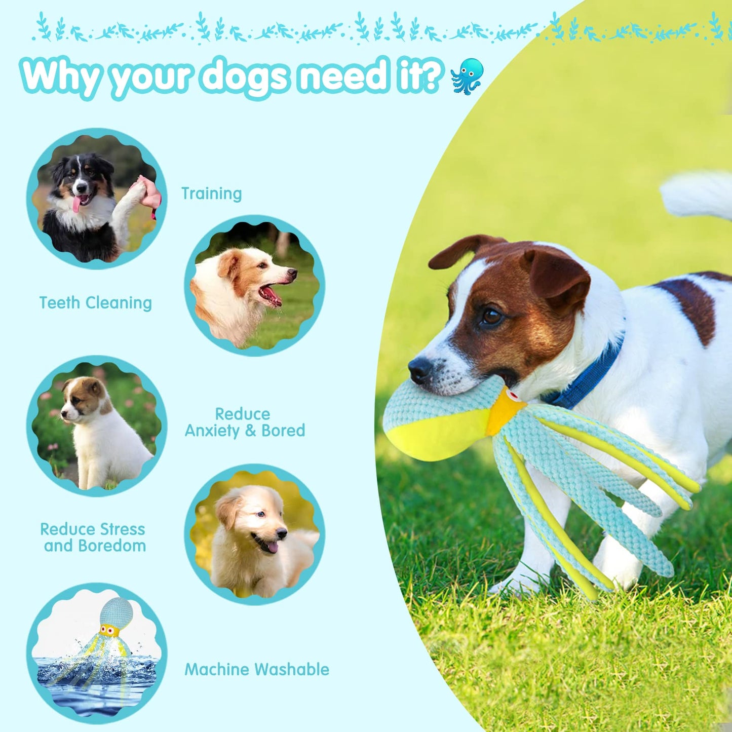 VIWIK Dog Toys for Chewers - Puppy Boredom and Stimulating Squeaky Octopus, Interactive for Smart Dogs, Soft Plush Chew
