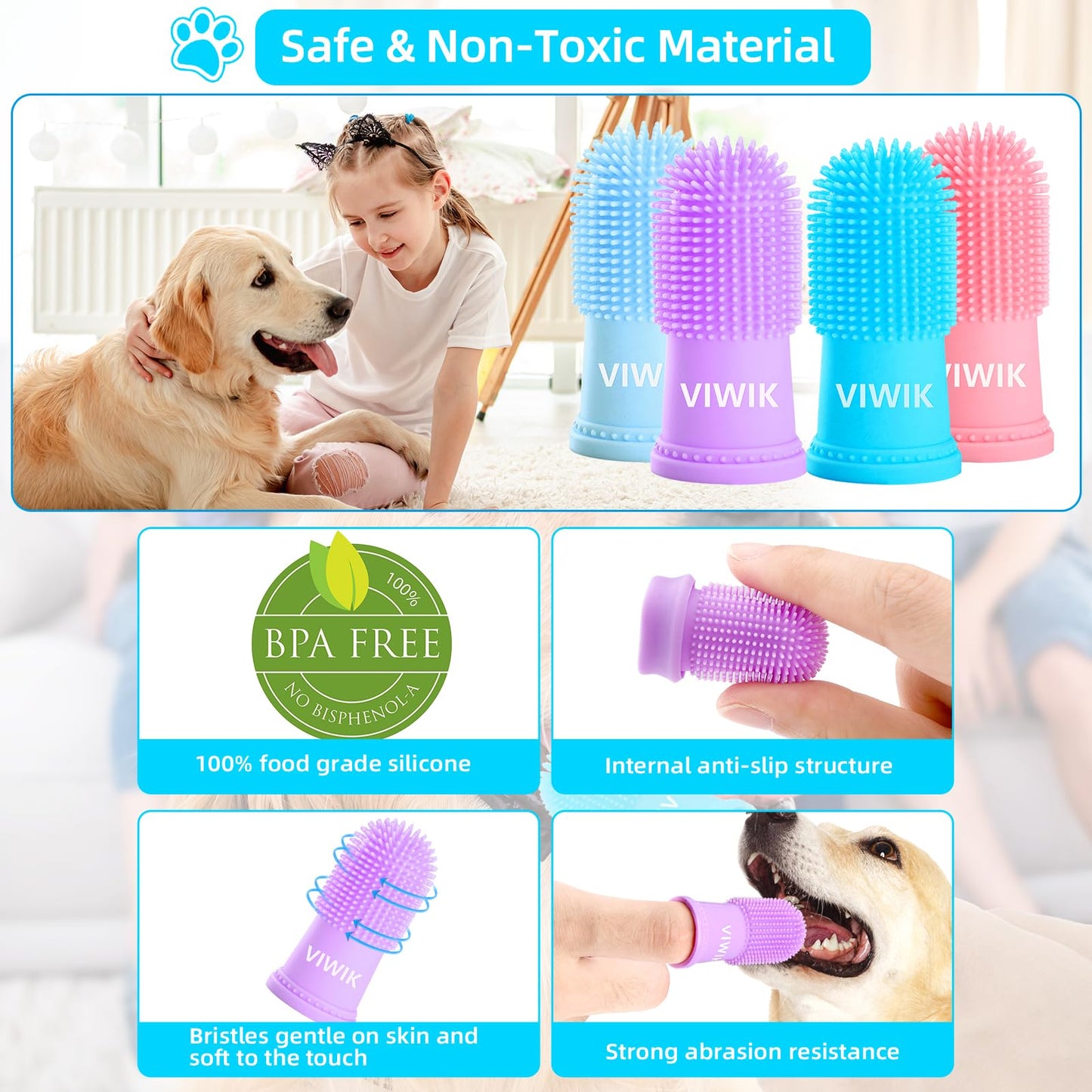 VIWIK 4Pack Dog Toothbrush Kit - Cat Finger Toothbrush for Small to Large Dogs & Puppies, Dental Care & Teeth Cleaning