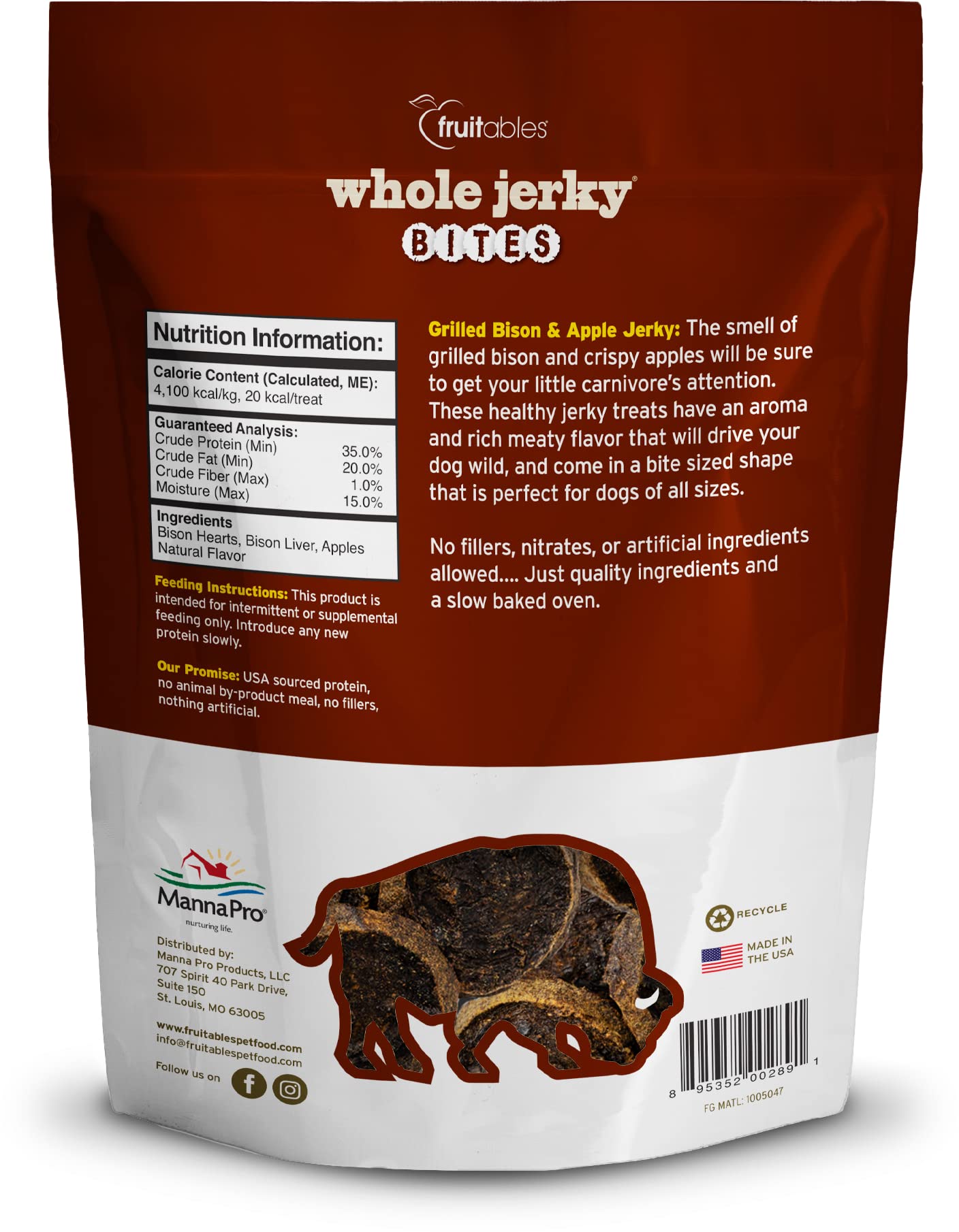 Fruitables Whole Jerky Bites for Dogs – Grilled Bison Grain-Free Dog Treats – Natural High Protein Chews with Real Meat – Limited Ingredient Recipe for Training or Reward – 5 oz Bag