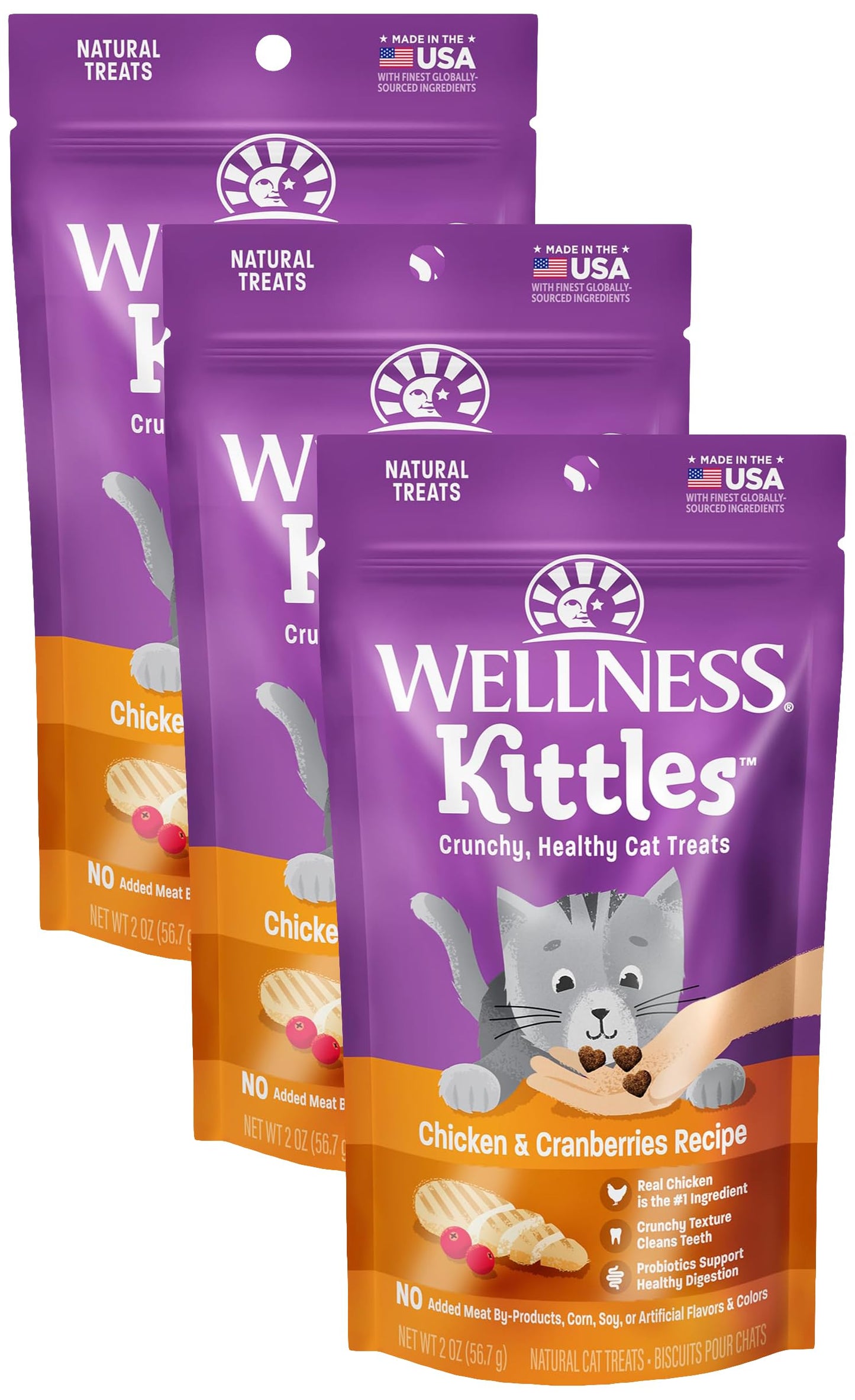 Wellness Kittles Crunchy Natural Grain Free Cat Treats, Chicken & Cranberries Recipe, All Life Stages, 2-Ounce Bag (Pack of 3)