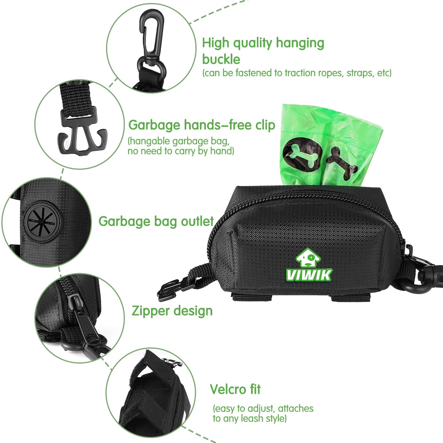 VIWIK Dog Poop Bag Holder for Leash, Waste Bag Dispenser with Pet Trash Bags and Carabiner Clip, Soft Portable Doggie Poop Bag Dispenser with Hand Free Holder Carrier, Gifts for Dog Lovers Black