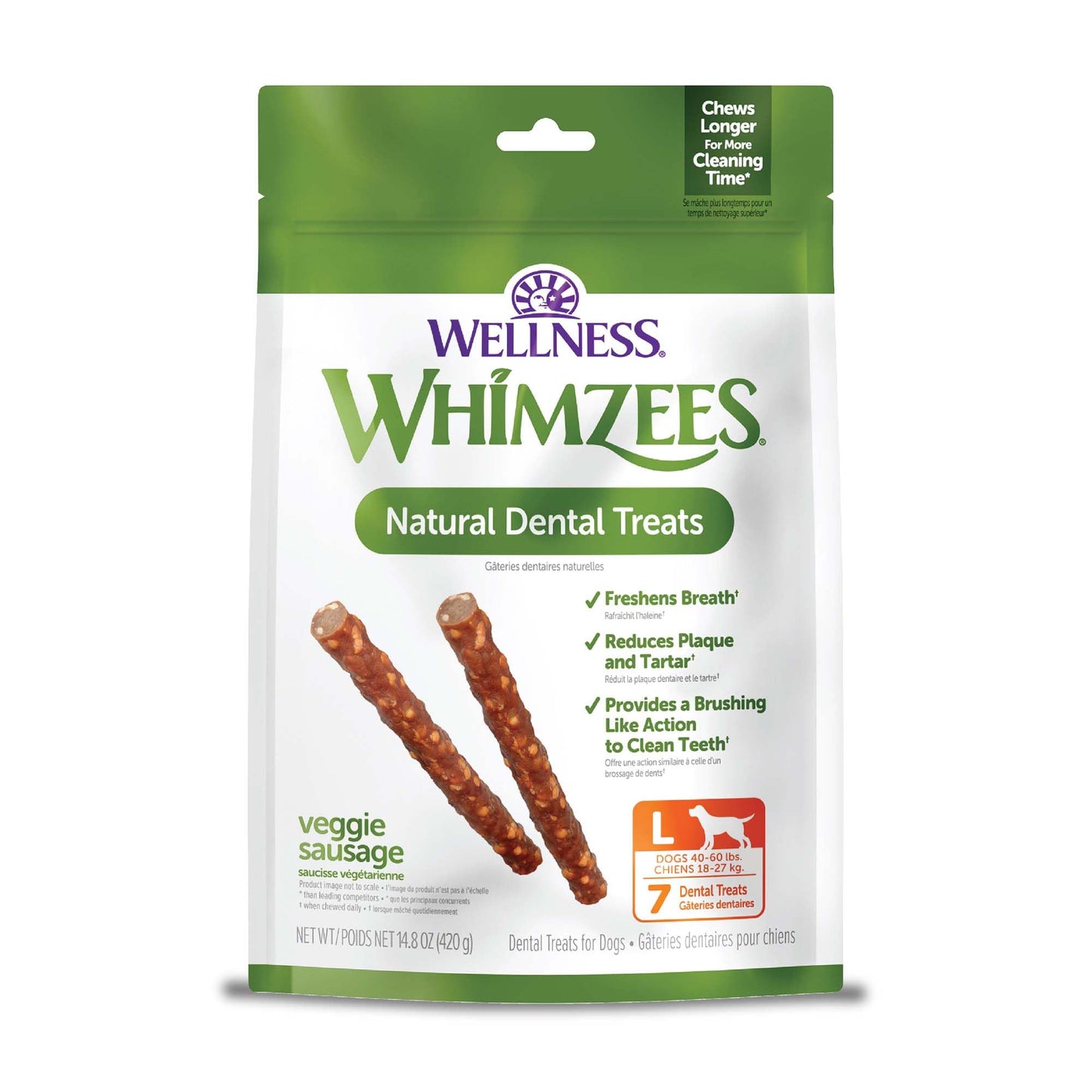 Wellness WHIMZEES Veggie Sausage Dog Dental Treats, Natural Chews, Large Size Stick, (7 Count)