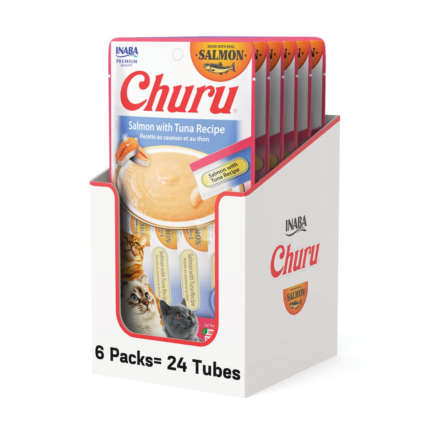 INABA Salmon Churu Cat Treats, Lickable, Squeezable Creamy Purée Cat Treat with Green Tea Extract & Taurine, 0.5 Ounces Each Tube, 24 Tubes (4 per Pack), Salmon with Tuna Recipe