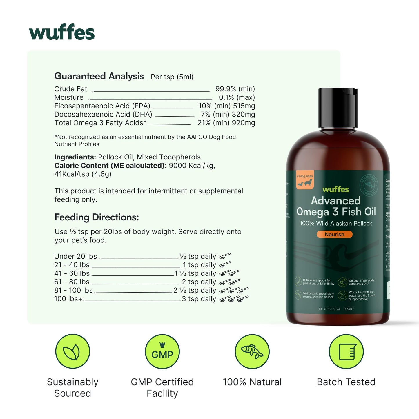 Wuffes Advanced Omega 3 Fish Oil for Dogs, Natural EPA & DHA Fatty Acids, Supports Healthy Skin and Coat, Joint Nutrition, Digestion & Immune System - 100% Pure Wild Alaskan Fish Oil, 16 Oz