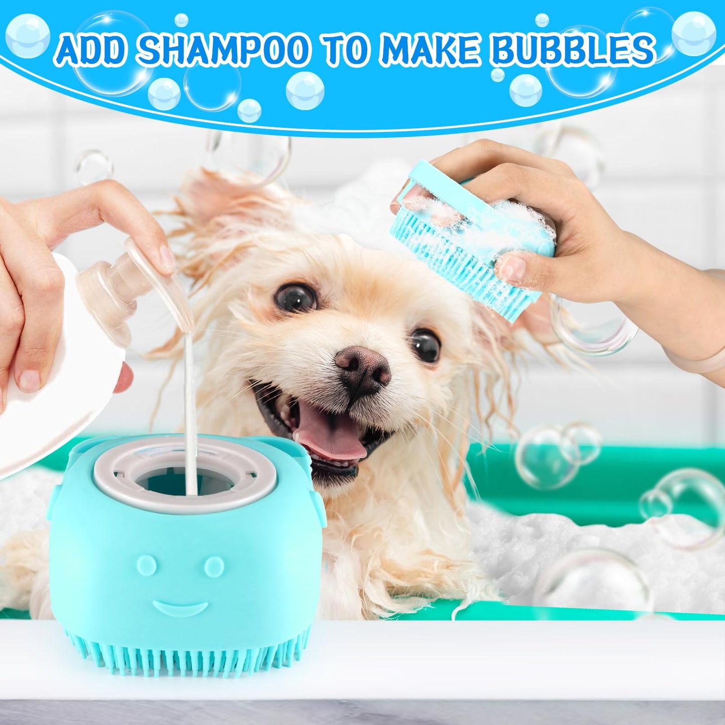 VIWIK Dog Bath Brush, Blue - Complete Pet Grooming Kit Includes 3 Versatile Brushes for Bathing, Hair Removal, Massage, Safe and Sturdy with Food-Grade Silicone, Effortlessly Clean Your Dog