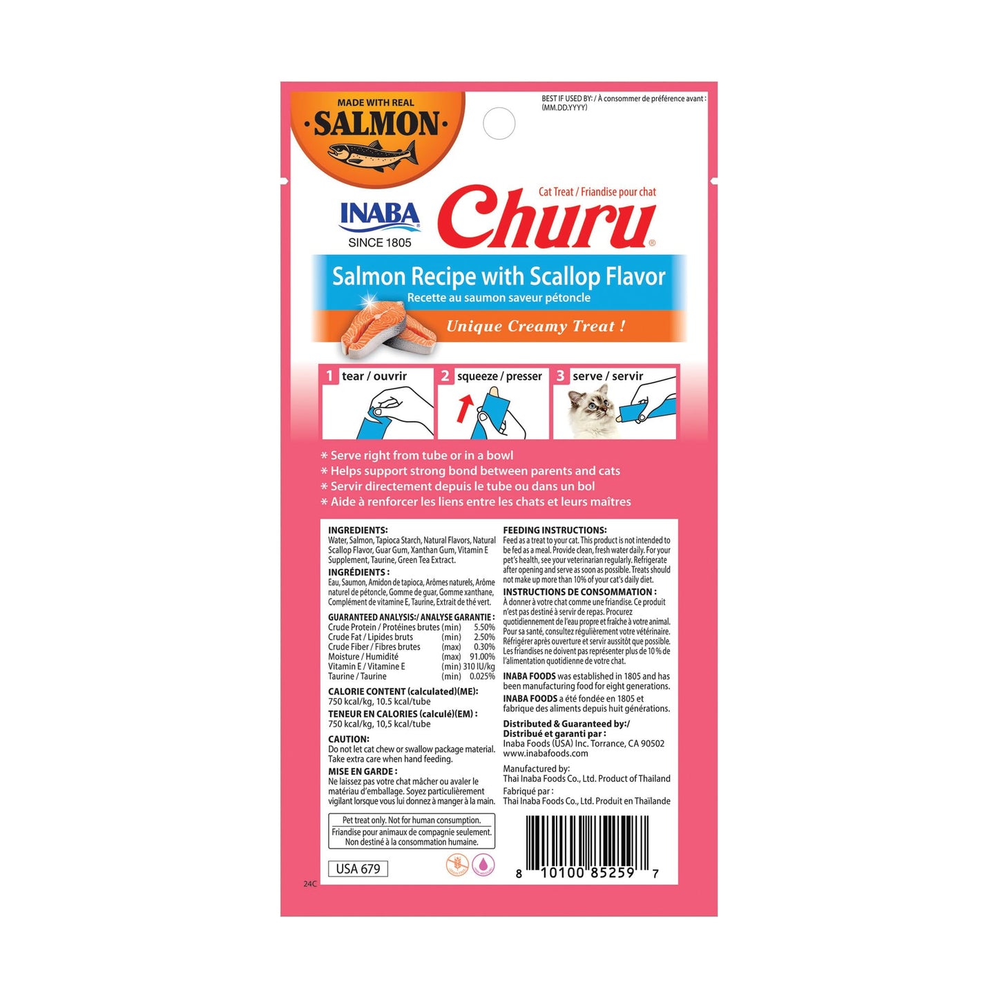 INABA Salmon Churu Cat Treats, Lickable, Squeezable Creamy Purée Cat Treat with Green Tea Extract & Taurine, 0.5 Ounces Each Tube, 24 Tubes (4 per Pack), Salmon Recipe with Scallop Flavor