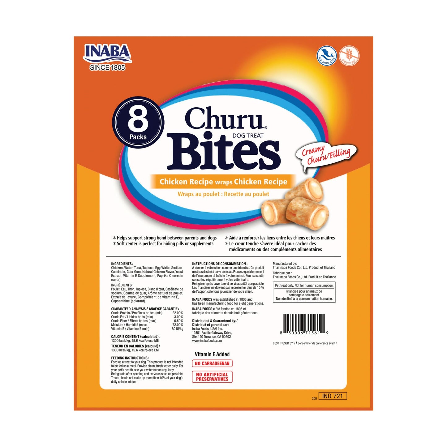 INABA Churu Bites for Dogs, Grain-Free, Soft/Chewy Baked Chicken Wrapped Churu Filled Dog Treats with Vitamin E, 0.42 Ounces Each Tube|64 Tubes Total (Pack of 8), Chicken Recipe