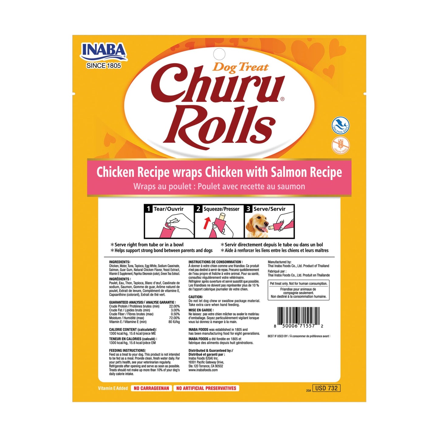 INABA Churu Rolls for Dogs, Grain-Free, Soft/Chewy Baked Chicken Wrapped Churu Filled Dog Treats, 0.42 Ounces Each Stick| 48 Stick Treats Total (8 Sticks per Pack), Chicken with Salmon Recipe
