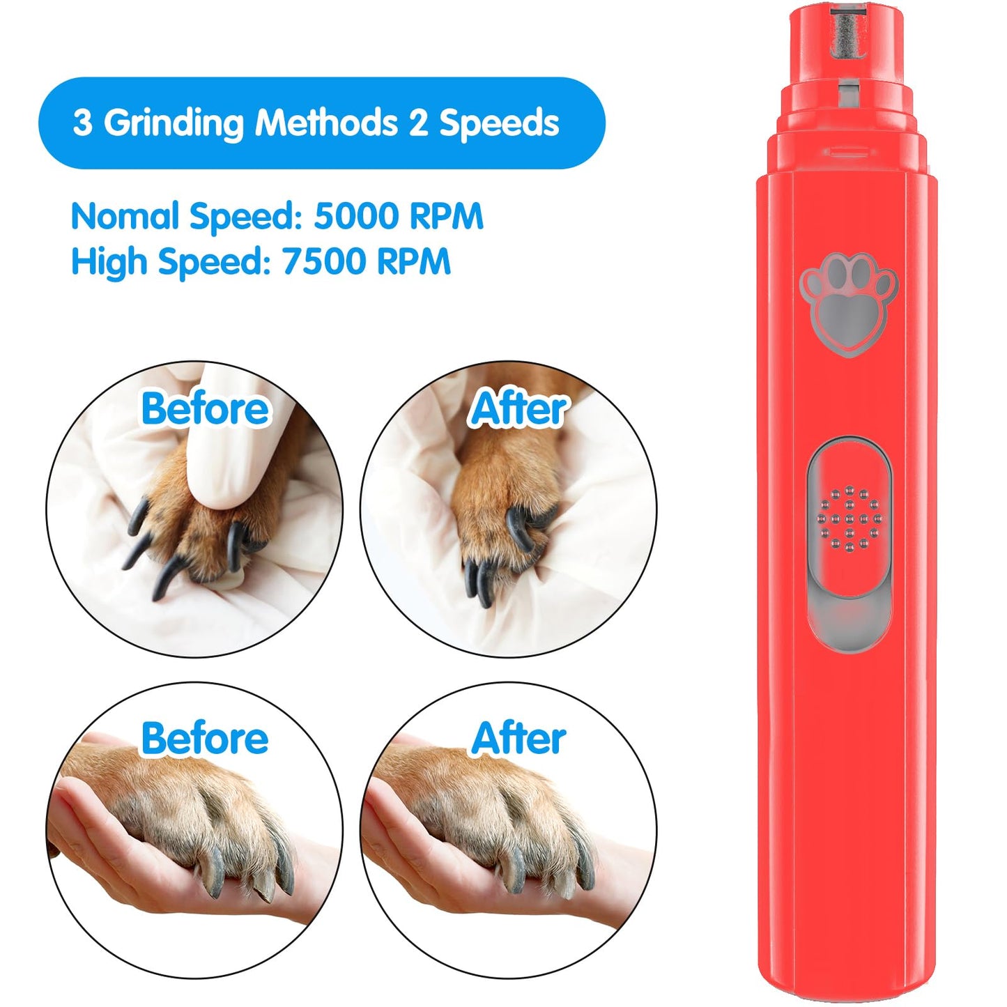 VIWIK Dog Nail Grinder, 2-Speed Rechargeable Dog Nail Trimmers for Large Medium & Small Dogs, Upgrade Professional Electric Pet Paws Nail Grinder, Quiet Grooming Tool Cat Dog Nail Dremel Red