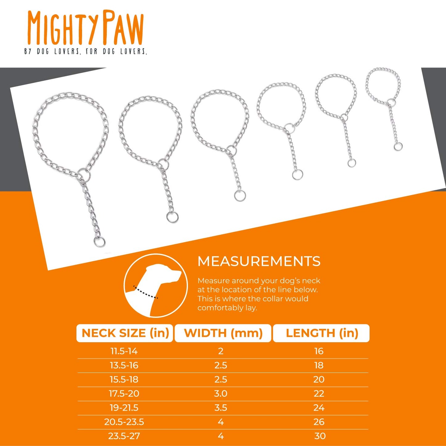 Mighty Paw Slip Collar - Stainless Steel - Weather Resistant - Tarnish Proof - Durable Chain Dog Choke Collars - No Pull Dogs Training - Strong and Premium - Metal Chain (16")