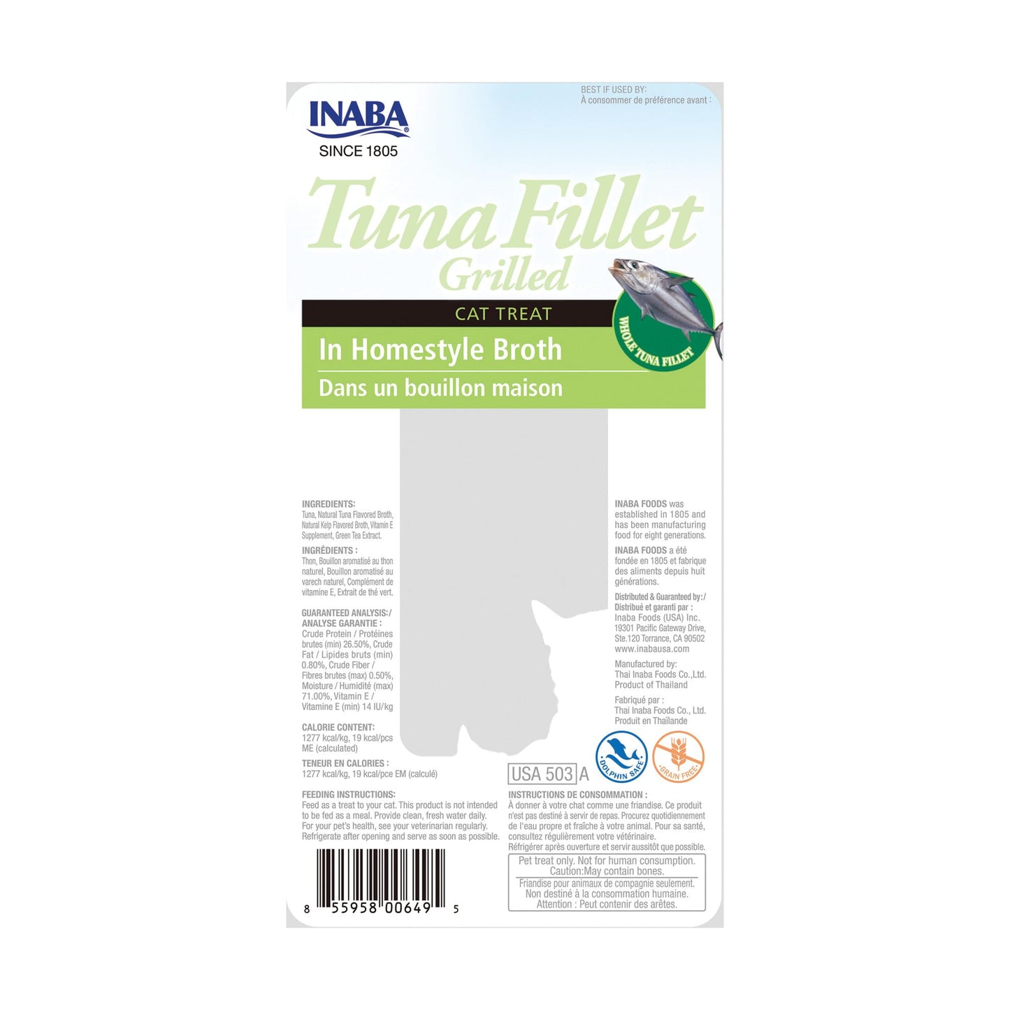 INABA Premium Hand-Cut Grilled Tuna Fillet Cat Treats/Topper with Vitamin E and Green Tea Extract, 0.52 Ounces Each, Pack of 6, Homestyle Broth