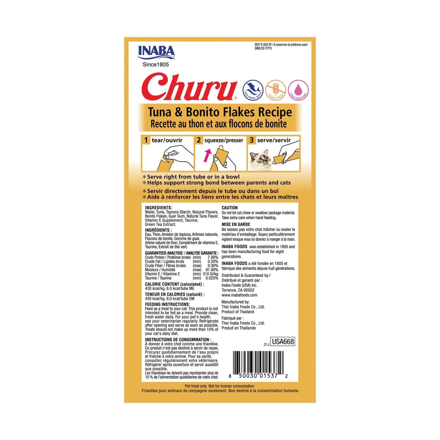 INABA Churu Cat Treats, Grain-Free, Lickable, Squeezable Creamy Purée Cat Treat/Topper with Vitamin E & Taurine, 0.5 Ounces Each Tube, 24 Tubes (4 per Pack), Tuna with Bonito Flakes Recipe