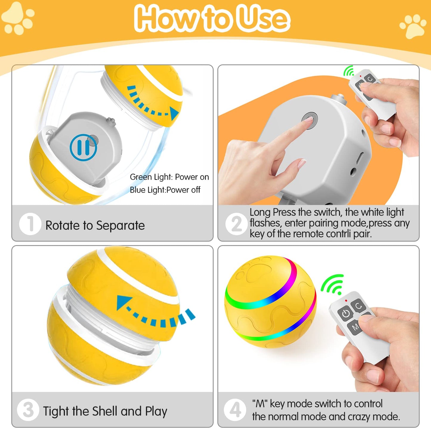 VIWIK Interactive Dog Toys with Remote Control and LED Flash Light,【2023 Newest】 Motion Activated Rolling Ball Toys for Dogs, USB Rechargeable Dog Balls Toy for Puppy, Small, Medium Dogs/Cats