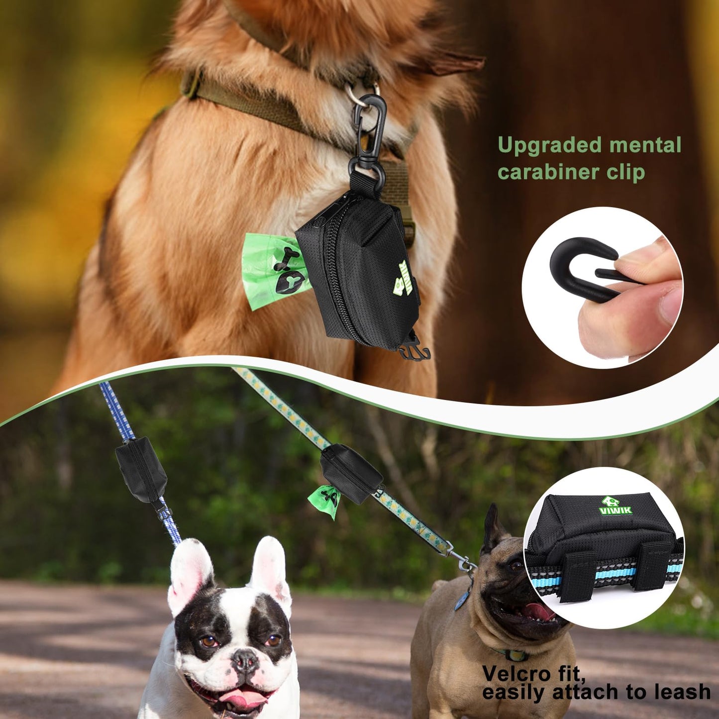 VIWIK Dog Poop Bag Holder for Leash, Waste Bag Dispenser with Pet Trash Bags and Carabiner Clip, Soft Portable Doggie Poop Bag Dispenser with Hand Free Holder Carrier, Gifts for Dog Lovers Black