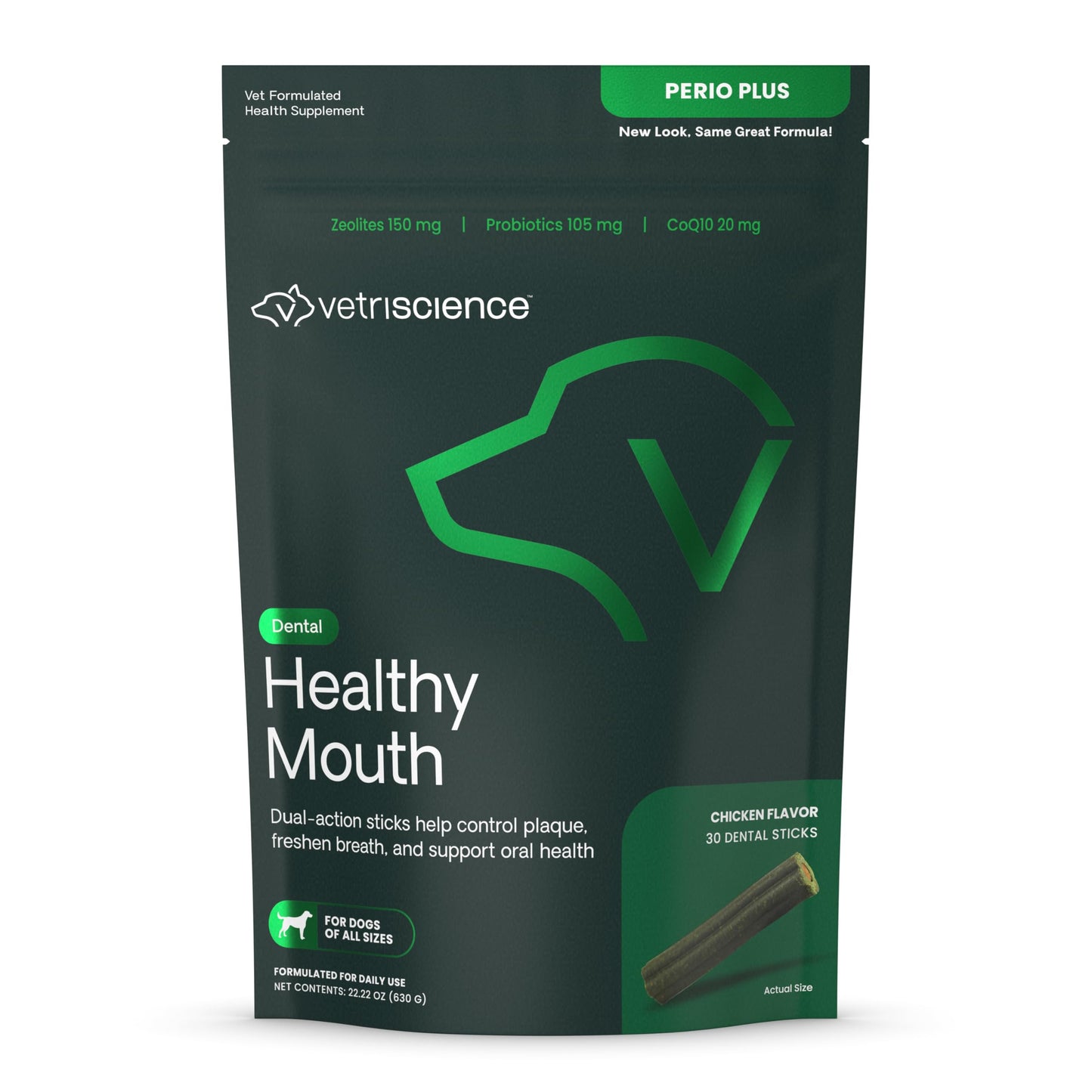 VetriScience Healthy Mouth Dental Chews, Perio Plus Sticks for Dogs, with Probiotics, Spirulina & Zeolites, Breath Freshening, Plaque & Tartar Control, Chicken, 30 Count