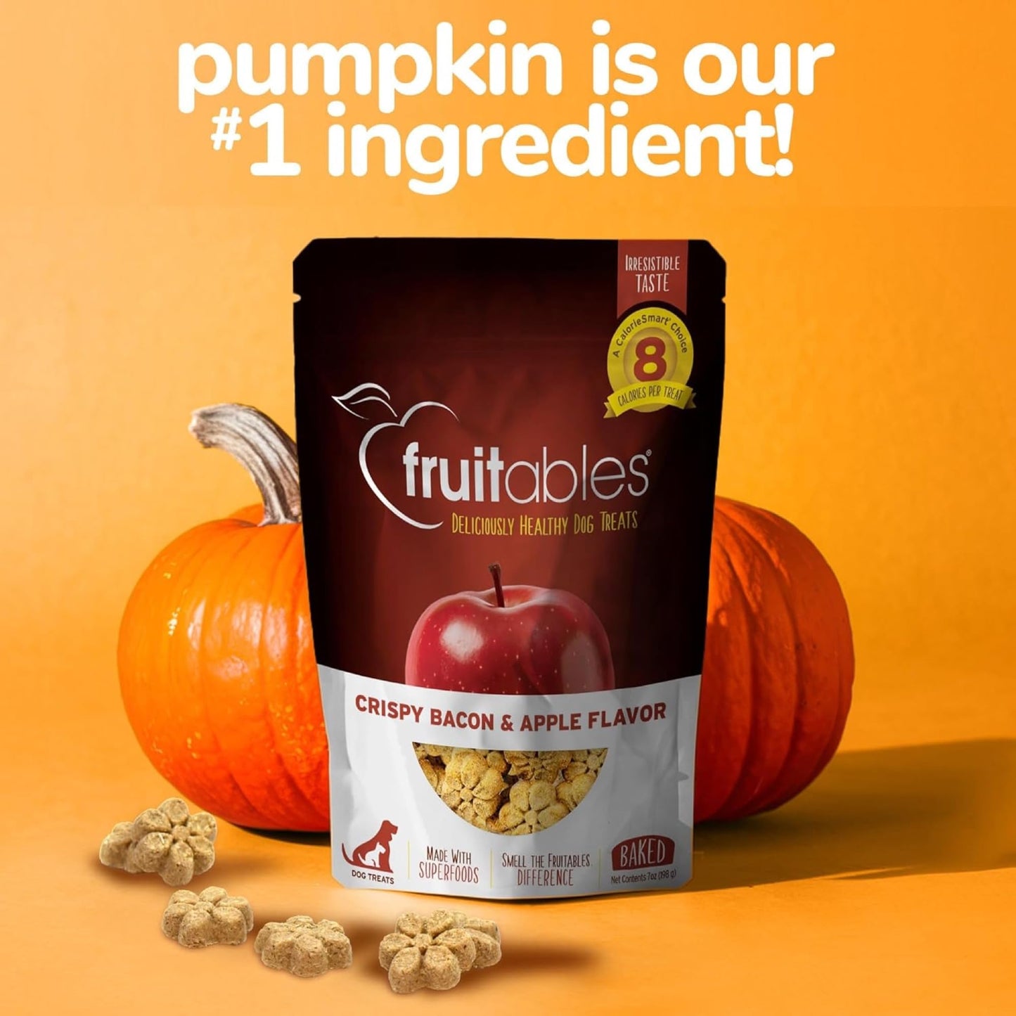Fruitables Baked Dog Treats, Healthy Pumpkin Treat for Dogs, Low Calorie & Delicious, Free of Wheat, Corn and Soy, Made in the USA, Apple and Crispy Bacon Flavor, 7oz