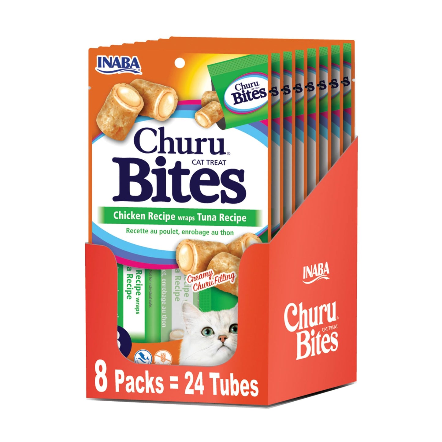 Inaba Churu Bites for Cats, Soft Baked Chicken Churu Filled Cat Treats with Vitamin E, 0.35 Ounces Each Tube, 24 Tubes Total (3 per Pack), Tuna Recipe