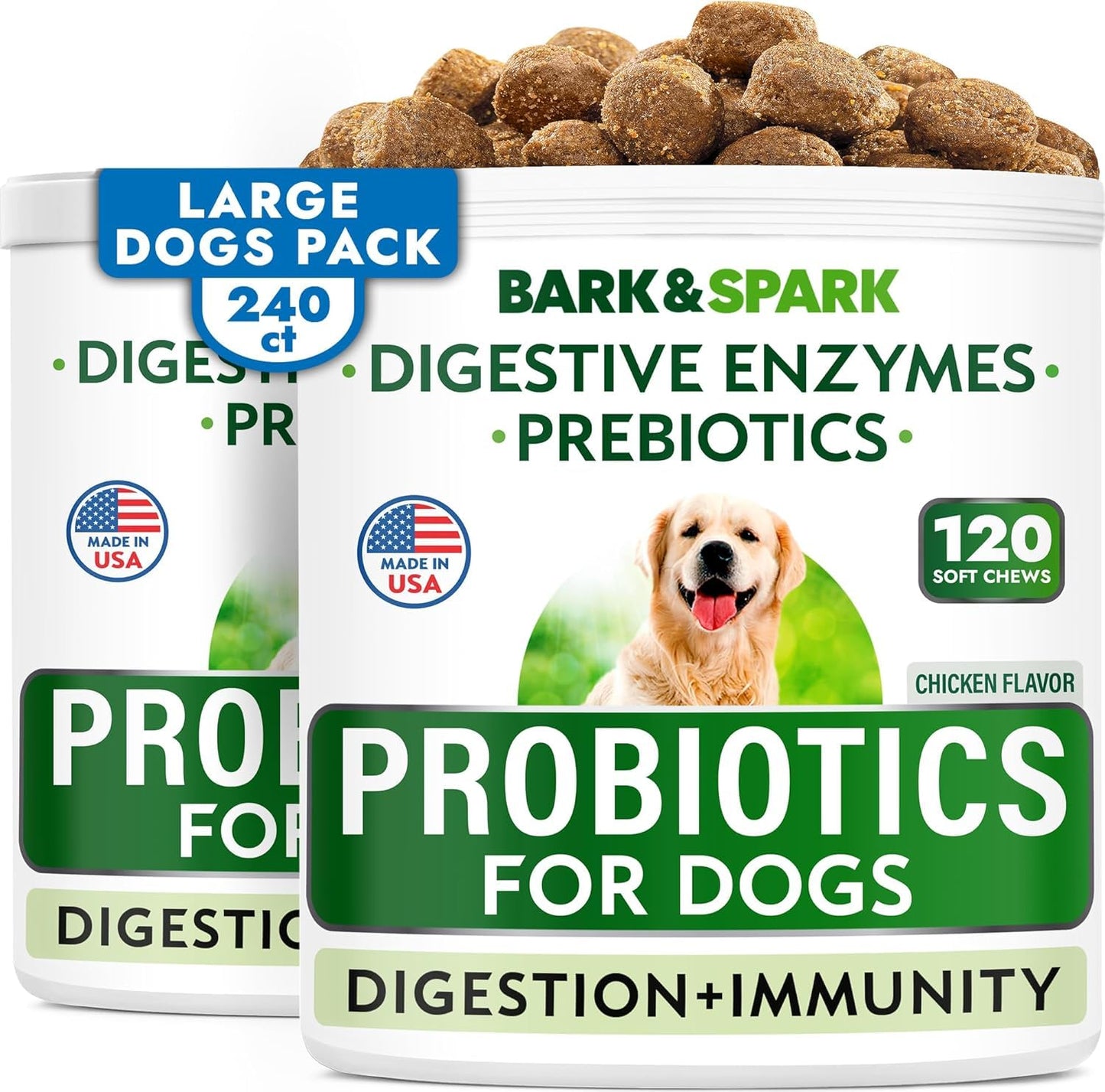 BARK&SPARK Dog Probiotics & Digestive Enzymes (Gut Health) Allergy & Itchy Skin - Pet Diarrhea Gas Treatment Upset Stomach Relief, Digestion Health Prebiotic Supplement Dog Treats (240Ct Chicken)