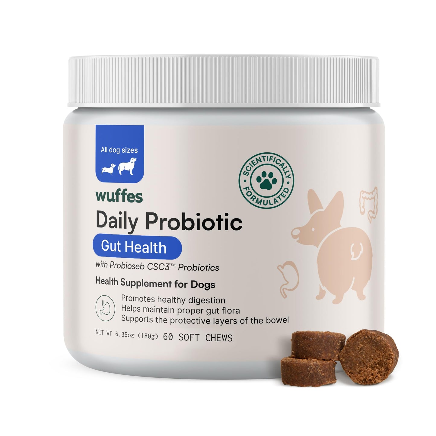 Wuffes Daily Probiotic for Dogs - Supports Digestive Health, Gut Balance, and Immune System - with Prebiotics, Marshmallow Root, and Pumpkin Powder - 60 Soft Chews