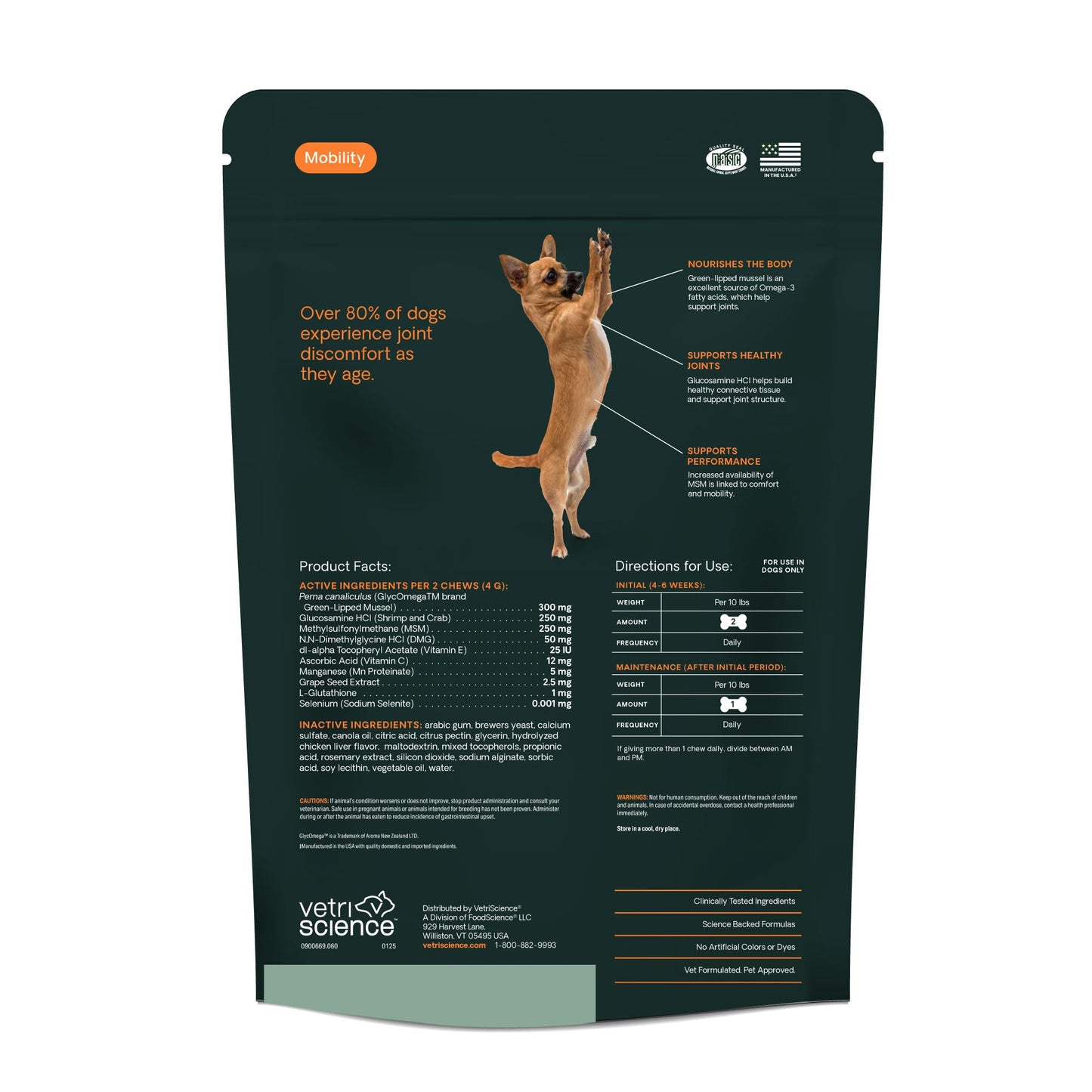 VetriScience Glycoflex 3 Clinically Proven Hip and Joint Support Supplement for Small Dogs - Maximum Strength Dog Supplement with Glucosamine, MSM, Green Lipped Mussel & DMG - 60 Chews,Chicken Flavor