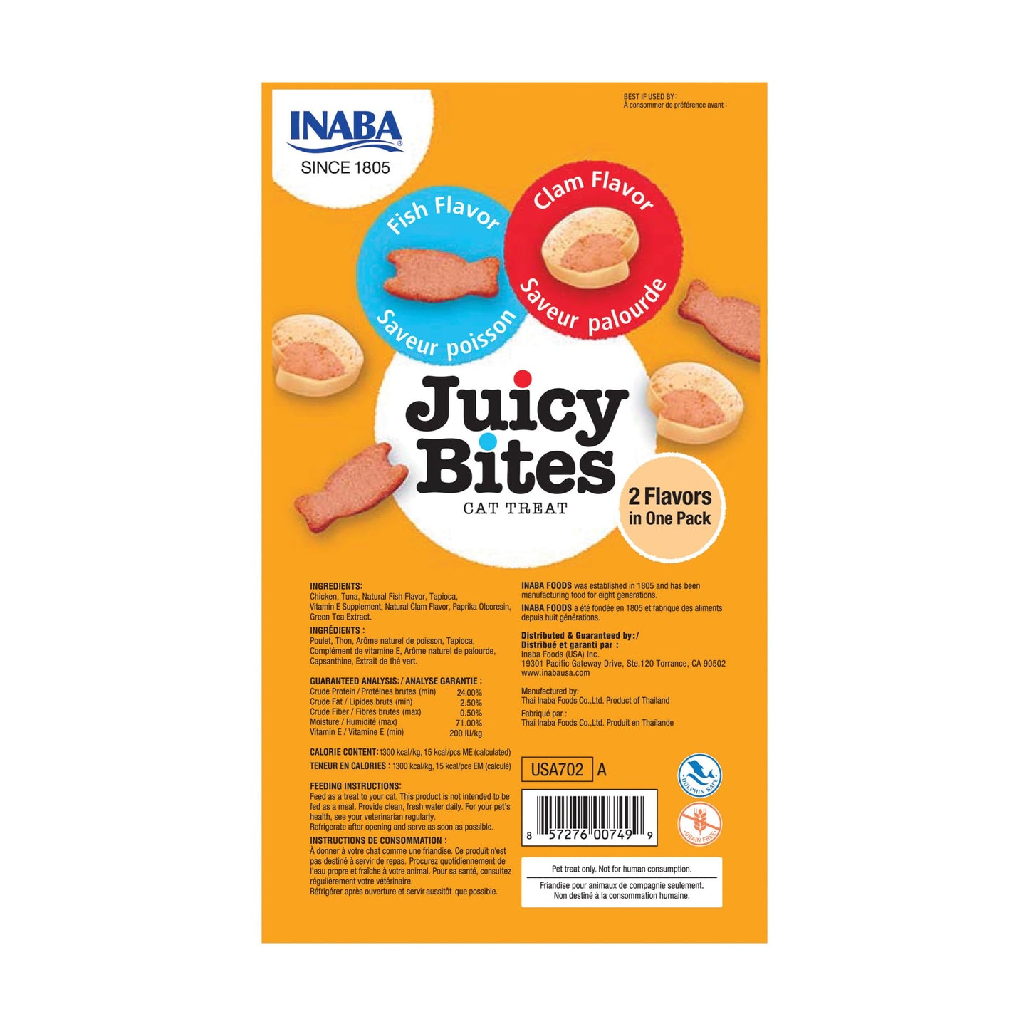 INABA Juicy Bites, Moist & Chewy Cat Treats with Vitamin E and Green Tea Extract, 0.4 Ounces per Pouch, 18 Pouches (3 per Bag), Fish and Clam