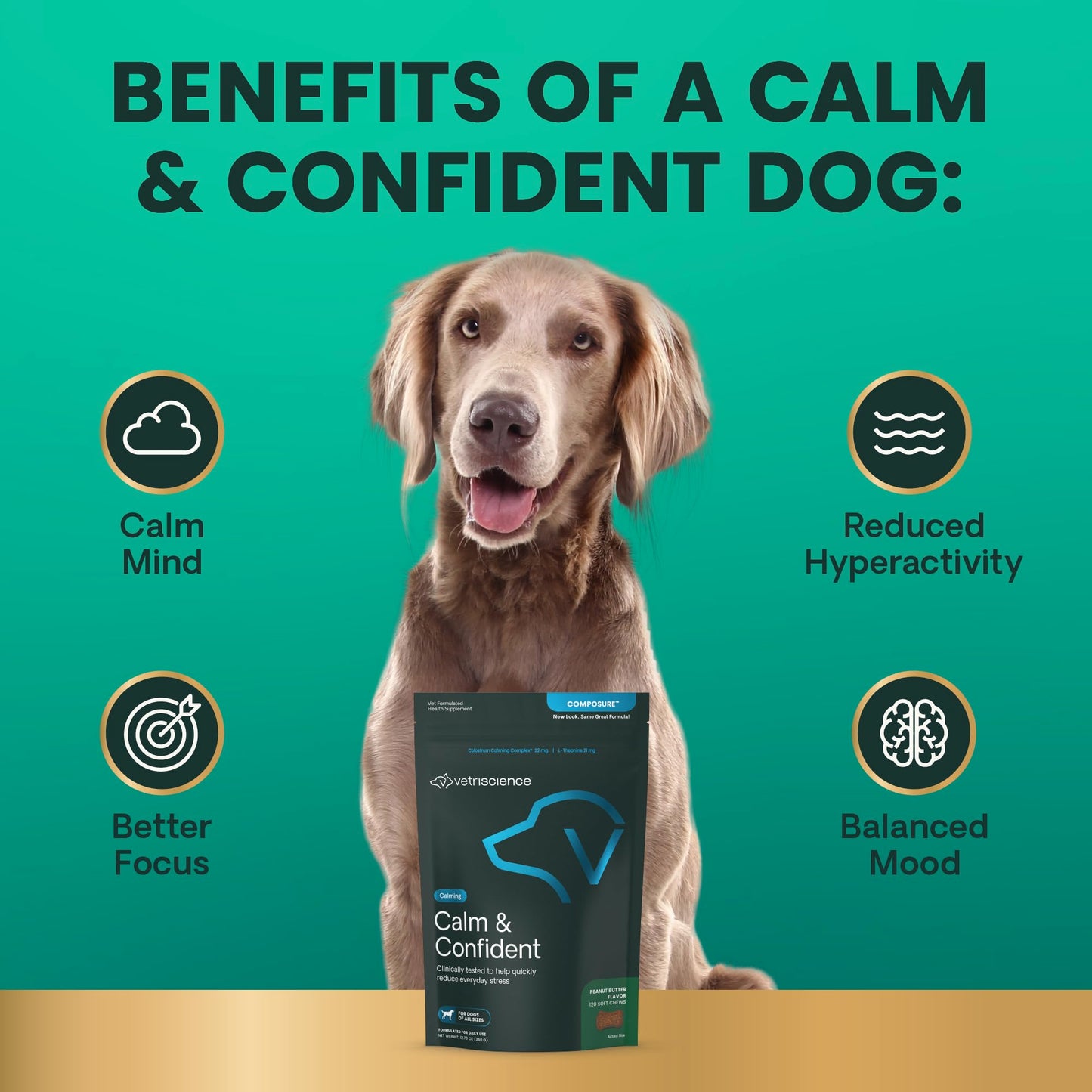 VETRISCIENCE Calm & Confident Chews, Composure Clinically Tested Calming & Anxiety Relief for Dogs, CBD and Melatonin Free Calming Chews for Dogs, Peanut Butter, 120 Count