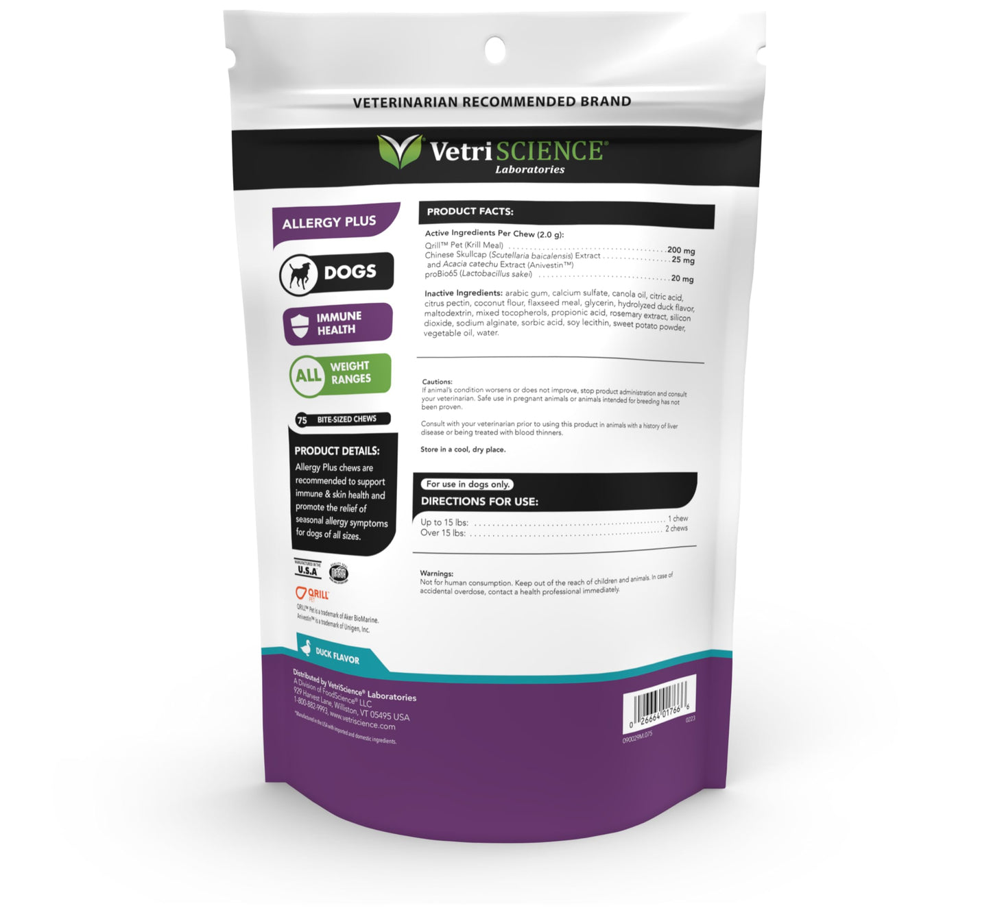 VetriScience Allergy & Itch Support Chews, Skin and Coat Supplement for Dogs, Allergy Chews for Itching, Scratching, and Licking, Support Skin and Immune Health, Duck, 75 Count