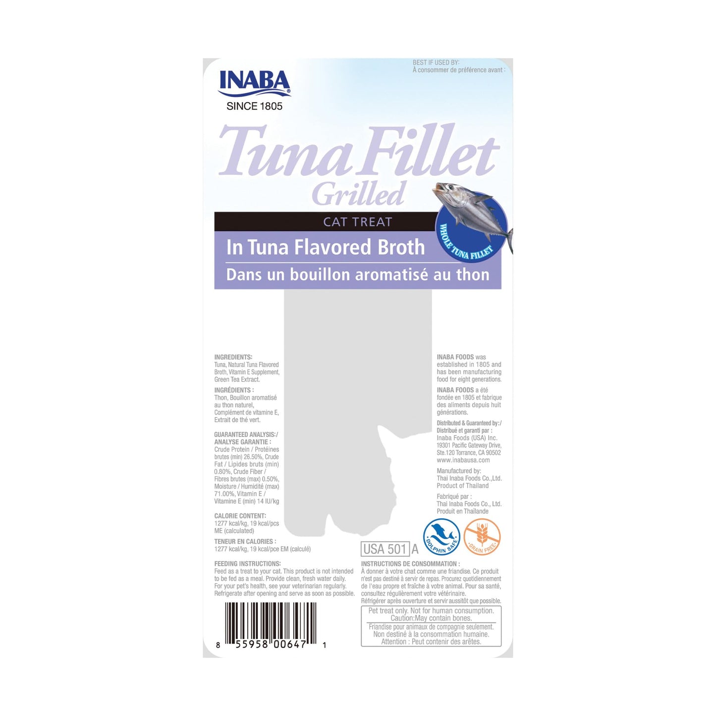 INABA Premium Hand-Cut Grilled Tuna Fillet Cat Treats/Topper with Vitamin E and Green Tea Extract, 0.52 Ounces Each, Pack of 6, Tuna Broth