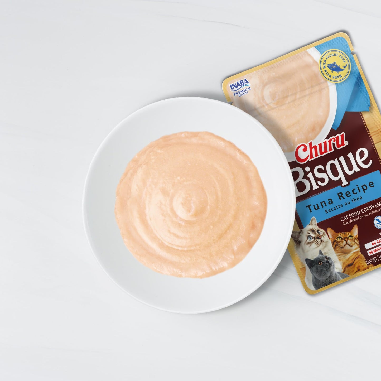 INABA Churu Bisque Lickable Treats for Cats, Creamy Purée Bisque with Vitamin E & Green Tea Extract, 1.4 Ounces per Pouch, 6 Pouches Total, Tuna with Salmon Recipe