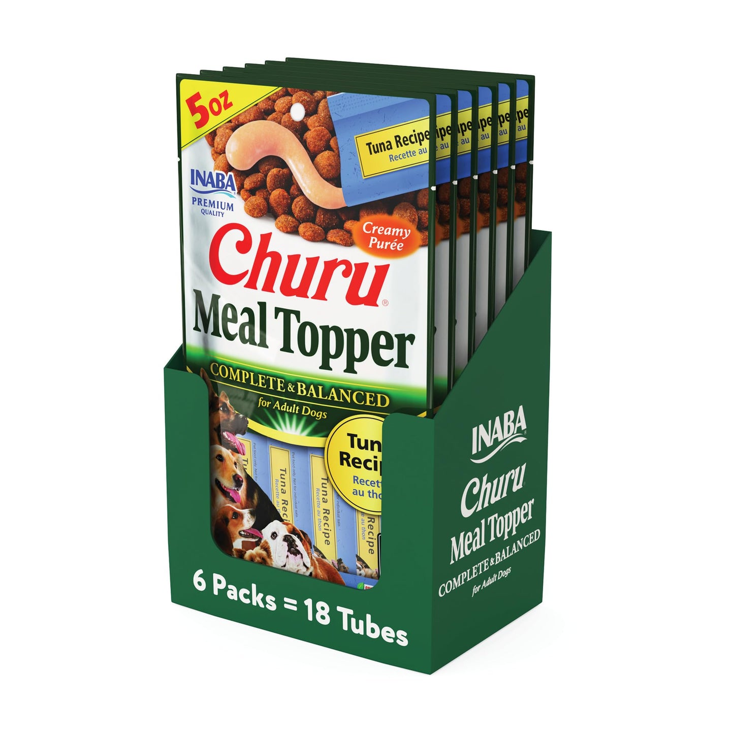 INABA Churu Meal Topper for Dogs, Complete & Balanced, Creamy, Lickable Purée Dog Food Toppers, 1.69 Ounce Tube, 18 Tubes (3 per Pack), Tuna Recipe