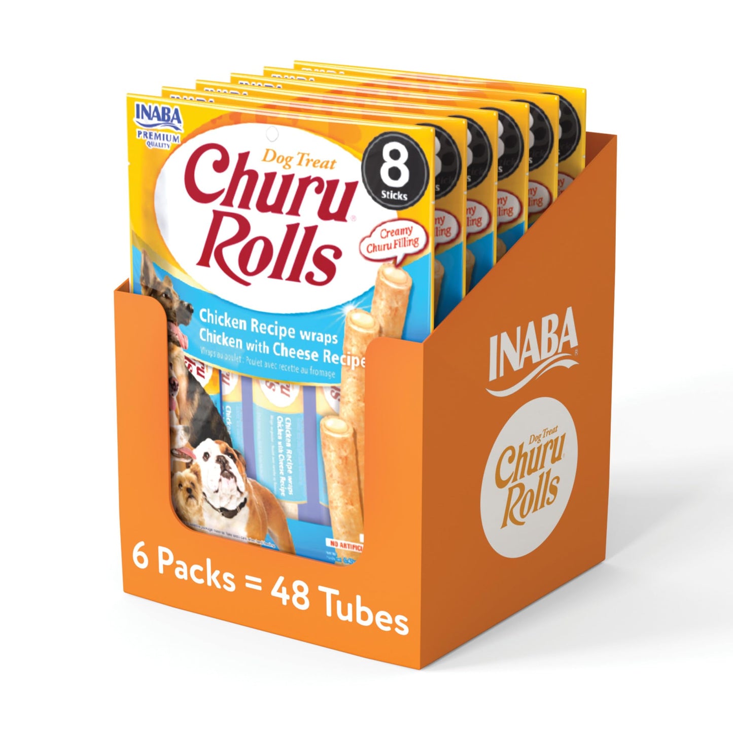 INABA Churu Rolls for Dogs, Grain-Free, Soft/Chewy Baked Chicken Wrapped Churu Filled Dog Treats, 0.42 Ounces Each Stick| 48 Stick Treats Total (8 Sticks per Pack), Chicken with Cheese Recipe