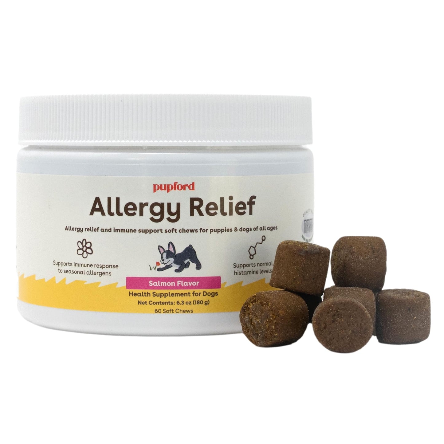 Pupford Dog Allergy Relief Chews, Health Supplement for Seasonal Allergens & Itchy Skin, Salmon Flavor, 60 Soft Chews