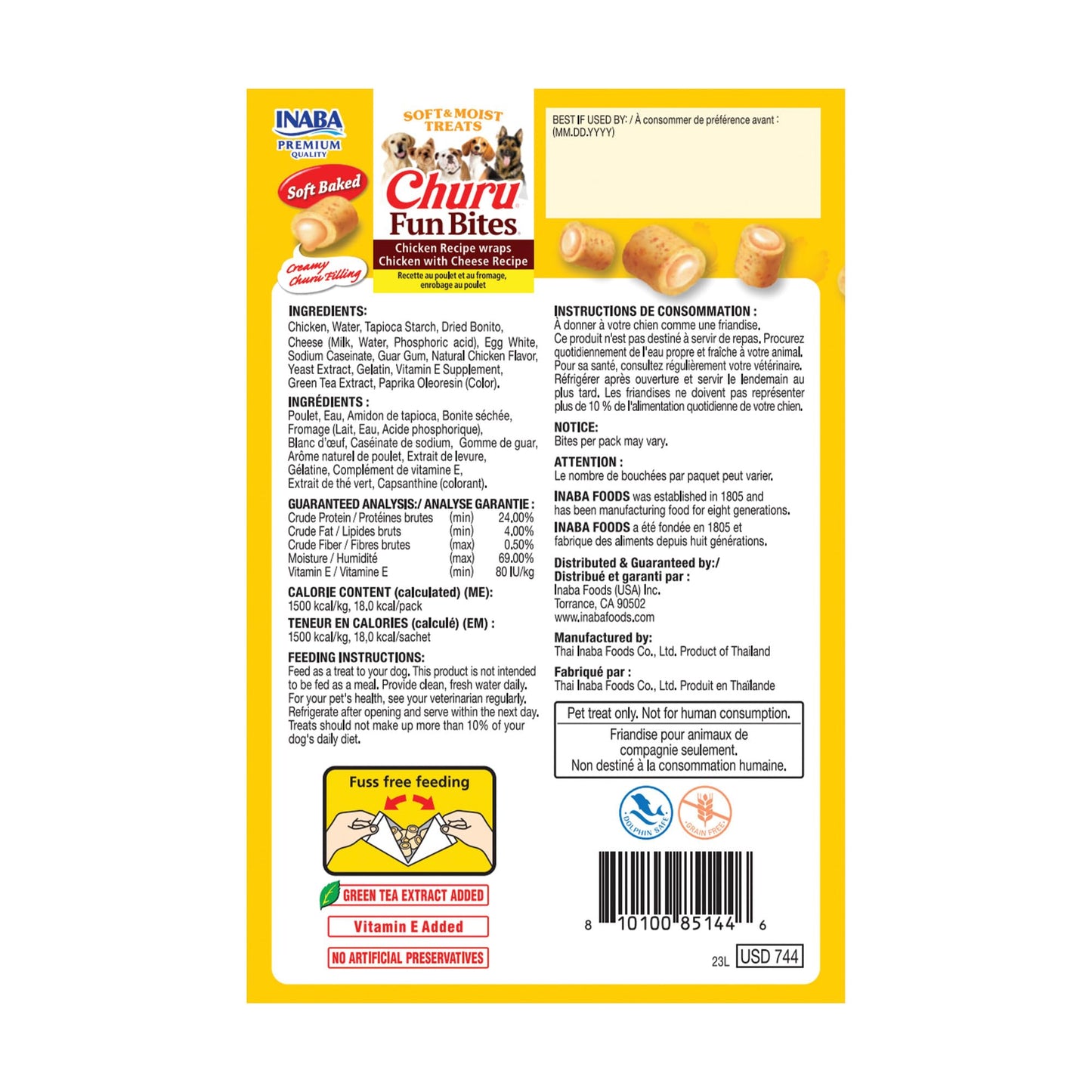 INABA Churu Fun Bites for Dogs, Soft & Chewy Baked Chicken Wrapped Filled Dog Treats with Vitamin E, 0.42 Ounces per Tetra, 8 Tetras per Box, Chicken with Cheese Recipe