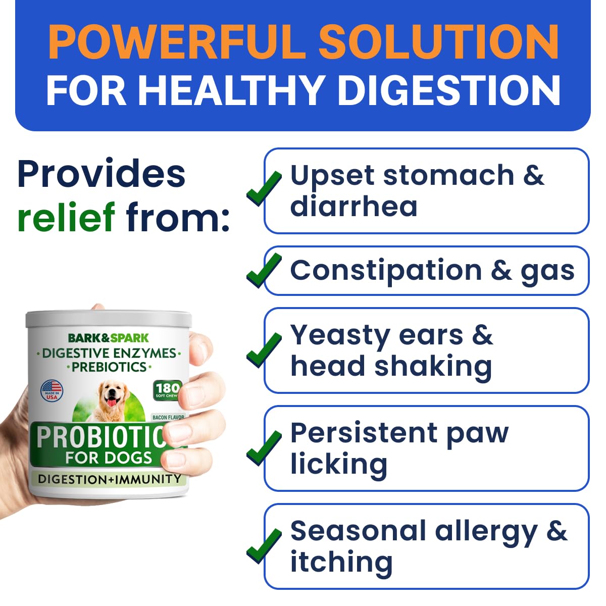 Bark&Spark Dog Probiotics & Digestive Enzymes (Gut Health) Allergy & Itchy Skin - Pet Diarrhea Gas Treatment Upset Stomach Relief Pill, Digestion Health Tummy Treat (180Ct Bacon)