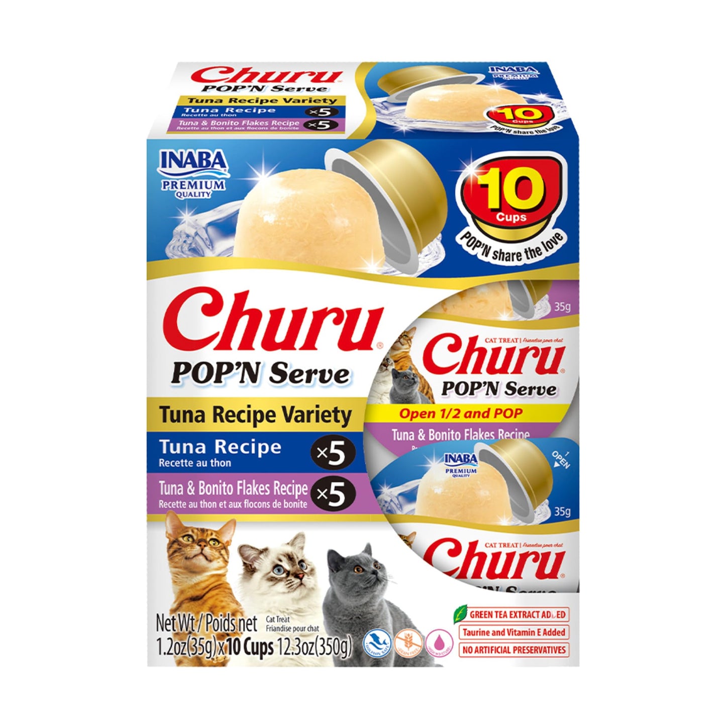 INABA Churu Pop'N Serve Jelly Cat Treat with Vitamin E & Taurine, 1.2 Ounce Cup, 10 Cups, Tuna Variety