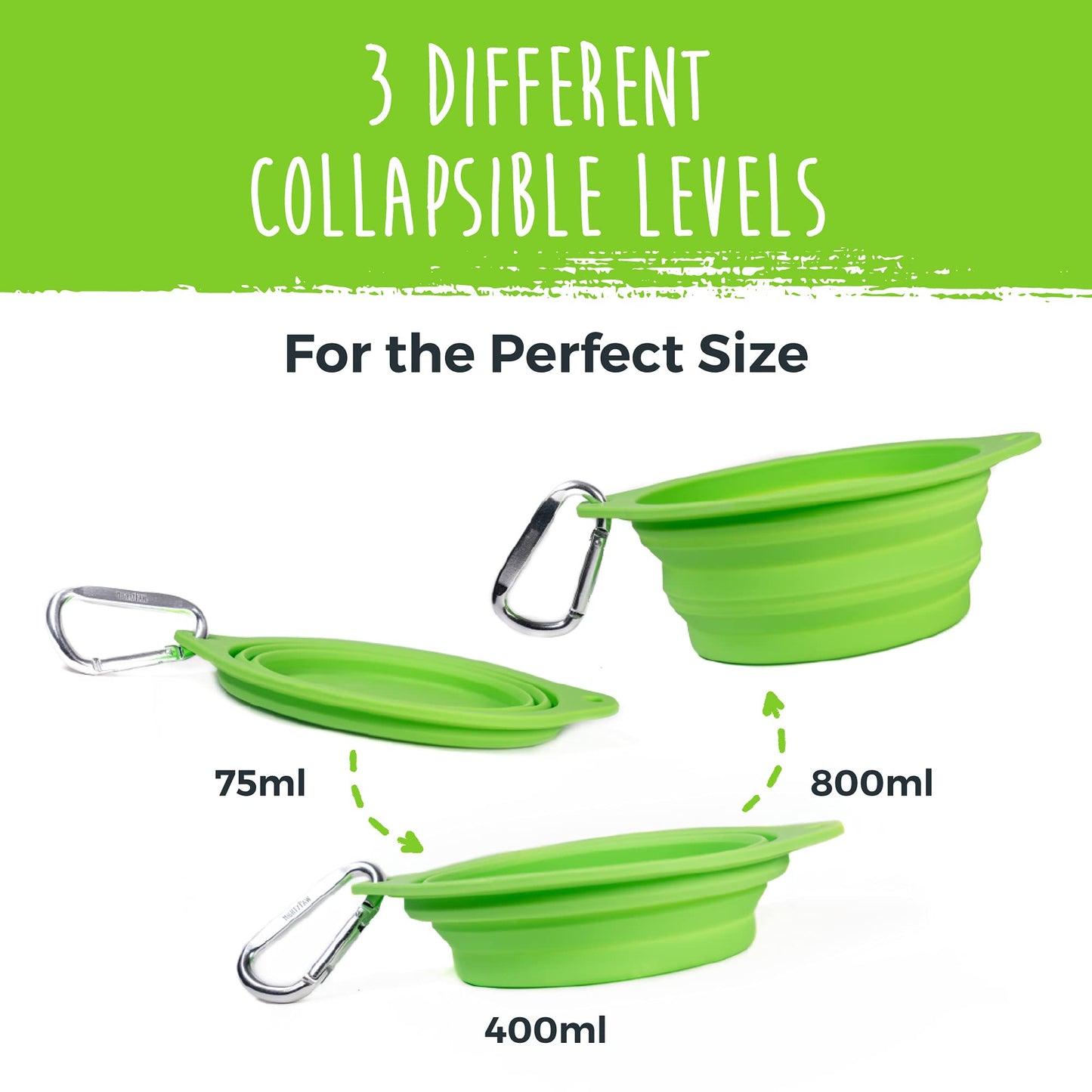 Mighty Paw Travel Dog Bowl Set - Silicone Food - Bonus Carabiner Clip - Ideal for Hiking - Camping - Lightweight - Leak-Proof - Collapsible Dog Bowl with Lid - Green - 2 Pack (27 Oz)