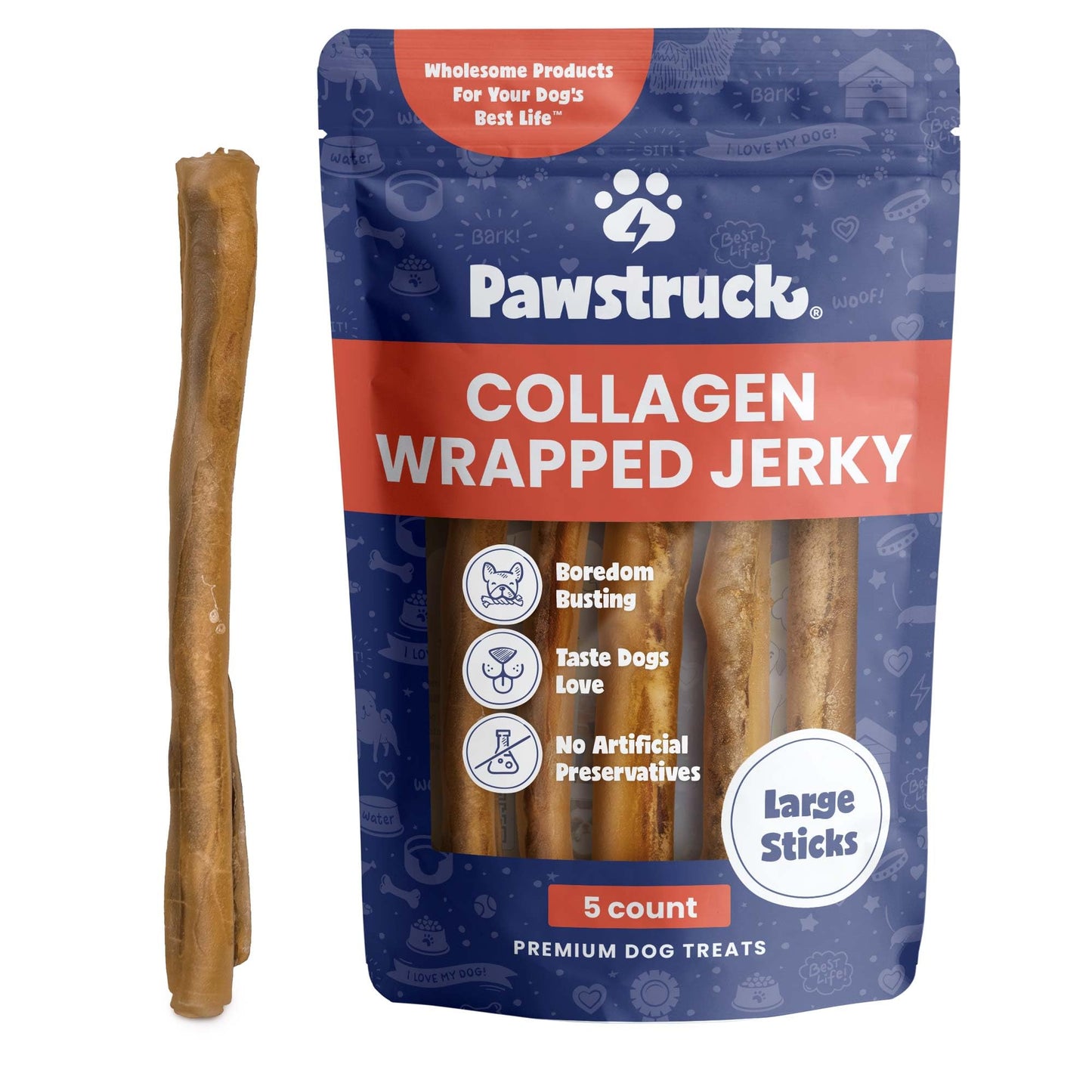 Pawstruck 2-in-1 Collagen Wrapped Jerky Natural Treats for Dogs - 5 Large Sticks - Limited Ingredient Grain Free Long Lasting for Small, Medium, and Large Dogs
