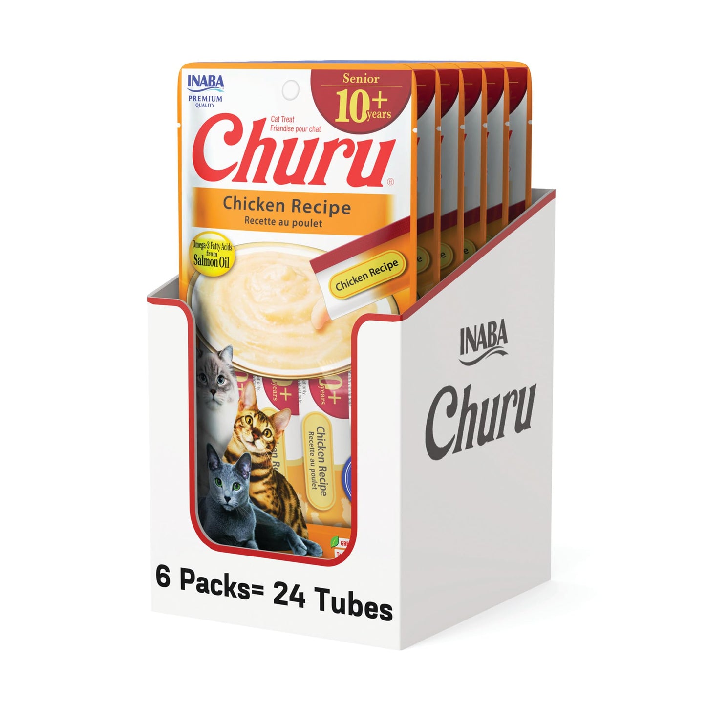 INABA Churu for Senior 10+, Creamy Lickable Cat Treats with Taurine, Vitamin E & C, 0.5 Ounces Each, 24 Tubes (4 per Pack), Chicken Recipe