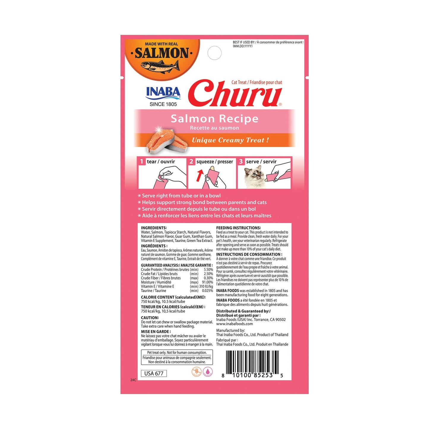 INABA Salmon Churu Cat Treats, Lickable, Squeezable Creamy Purée Cat Treat with Green Tea Extract & Taurine, 0.5 Ounces Each Tube, 24 Tubes (4 per Pack), Salmon Recipe