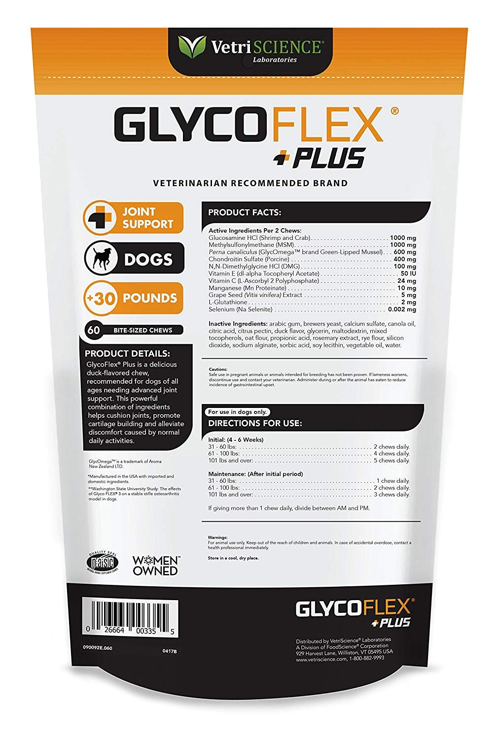 VetriScience GlycoFlex Ultimate Strength Healthy Hip & Joint Glucosamine Supplements for Dogs, with MSM, Chondroitin & Green-Lipped Mussel, Soft Chews, Duck, 60 Count - New Look