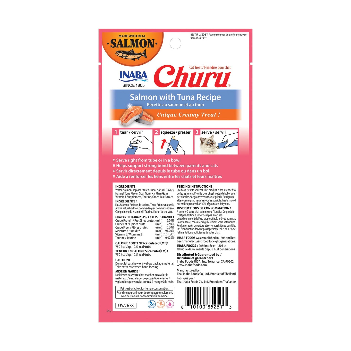 INABA Salmon Churu Cat Treats, Lickable, Squeezable Creamy Purée Cat Treat with Green Tea Extract & Taurine, 0.5 Ounces Each Tube, 24 Tubes (4 per Pack), Salmon with Tuna Recipe