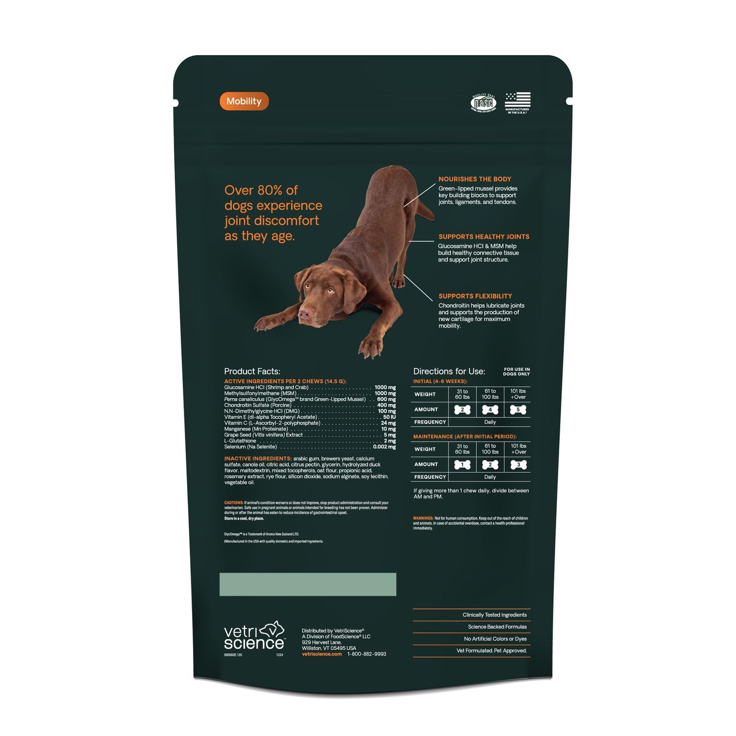 VetriScience GlycoFlex Ultimate Strength Healthy Hip & Joint Glucosamine Supplements for Dogs, with MSM, Chondroitin & Green-Lipped Mussel, Soft Chews, Duck, 120 Count - New Look