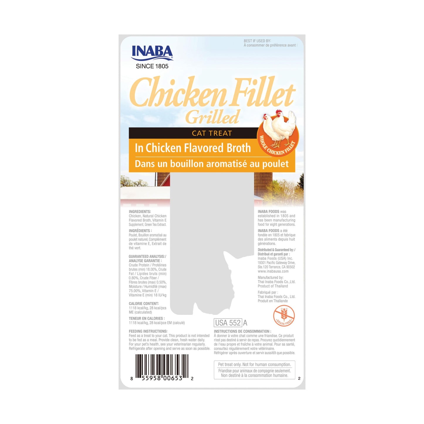 INABA Natural, Premium Hand-Cut Grilled Chicken Fillet Cat Treats/Topper/Complement with Vitamin E and Green Tea Extract, 0.9 Ounces Each, Pack of 6, Chicken Broth