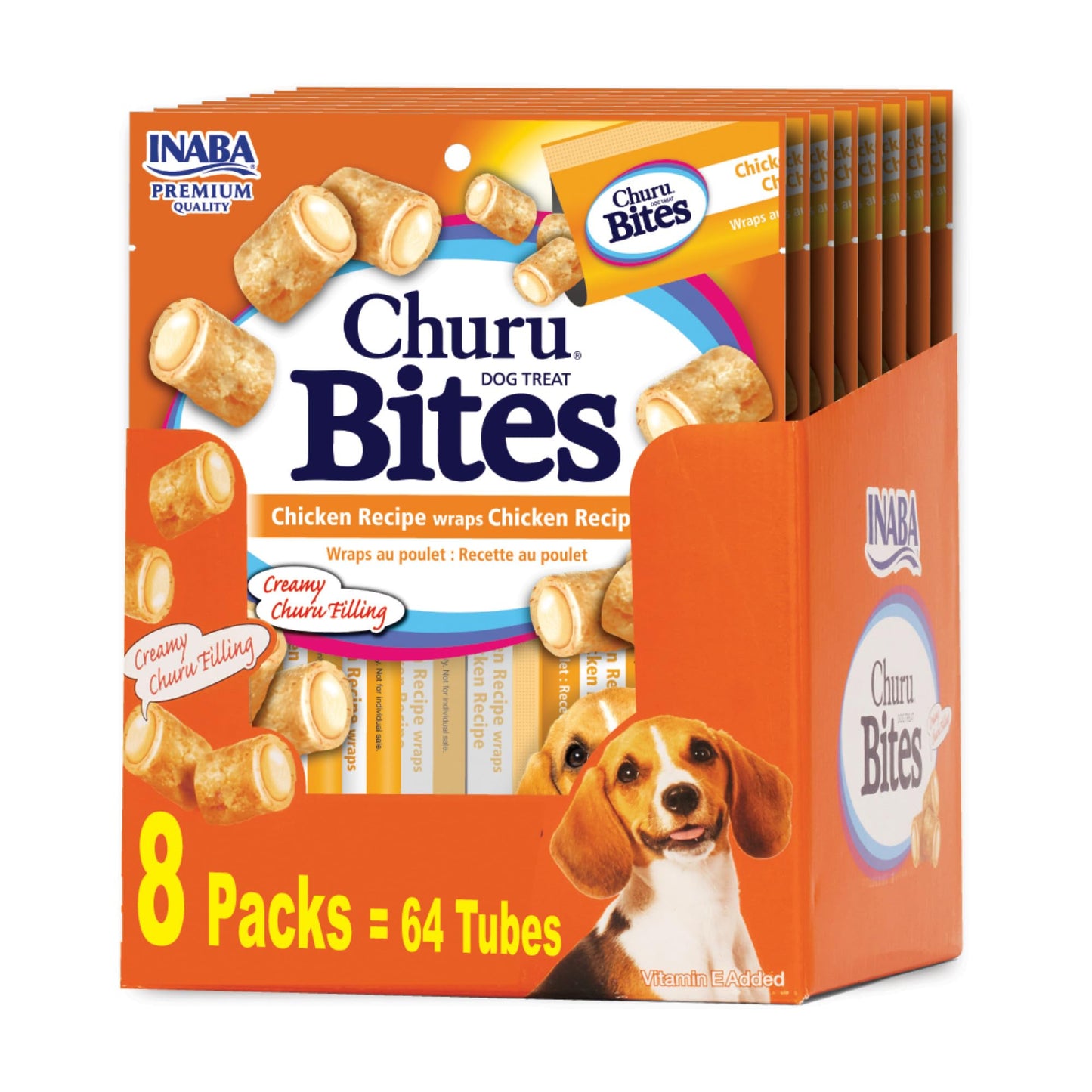 INABA Churu Bites for Dogs, Grain-Free, Soft/Chewy Baked Chicken Wrapped Churu Filled Dog Treats with Vitamin E, 0.42 Ounces Each Tube|64 Tubes Total (Pack of 8), Chicken Recipe