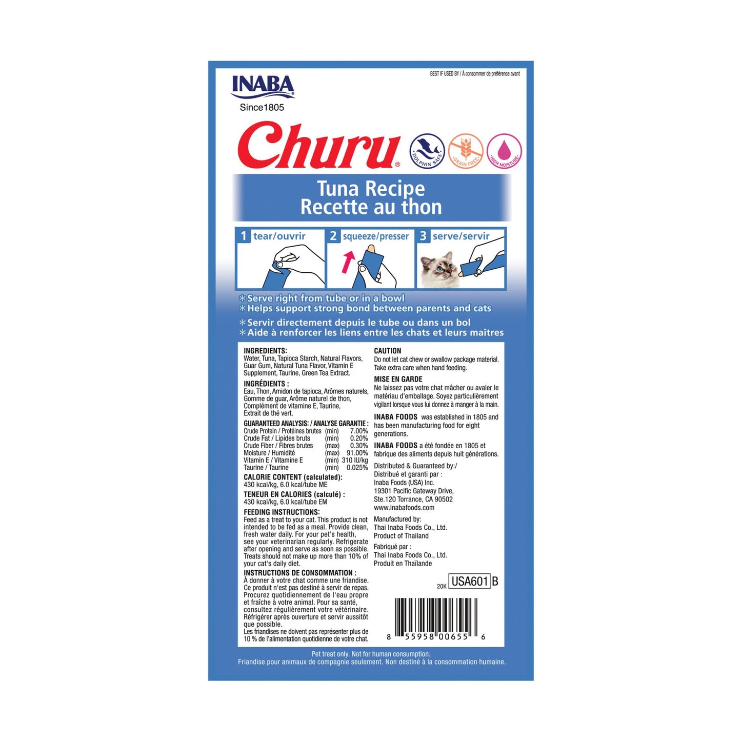 INABA Churu Cat Treats, Grain-Free, Lickable, Squeezable Creamy Purée Cat Treat/Topper with Vitamin E & Taurine, 0.5 Ounces Each Tube, 24 Tubes (4 per Pack), Tuna Recipe