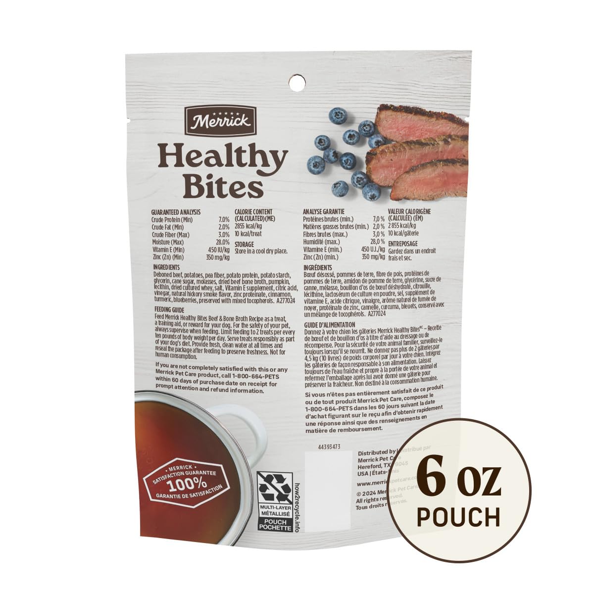 Merrick Healthy Bites Grain Free Dog Treats, Soft Treats with Bone Broth for Dogs, Beef and Bone Broth Recipe - 6 oz. Pouch