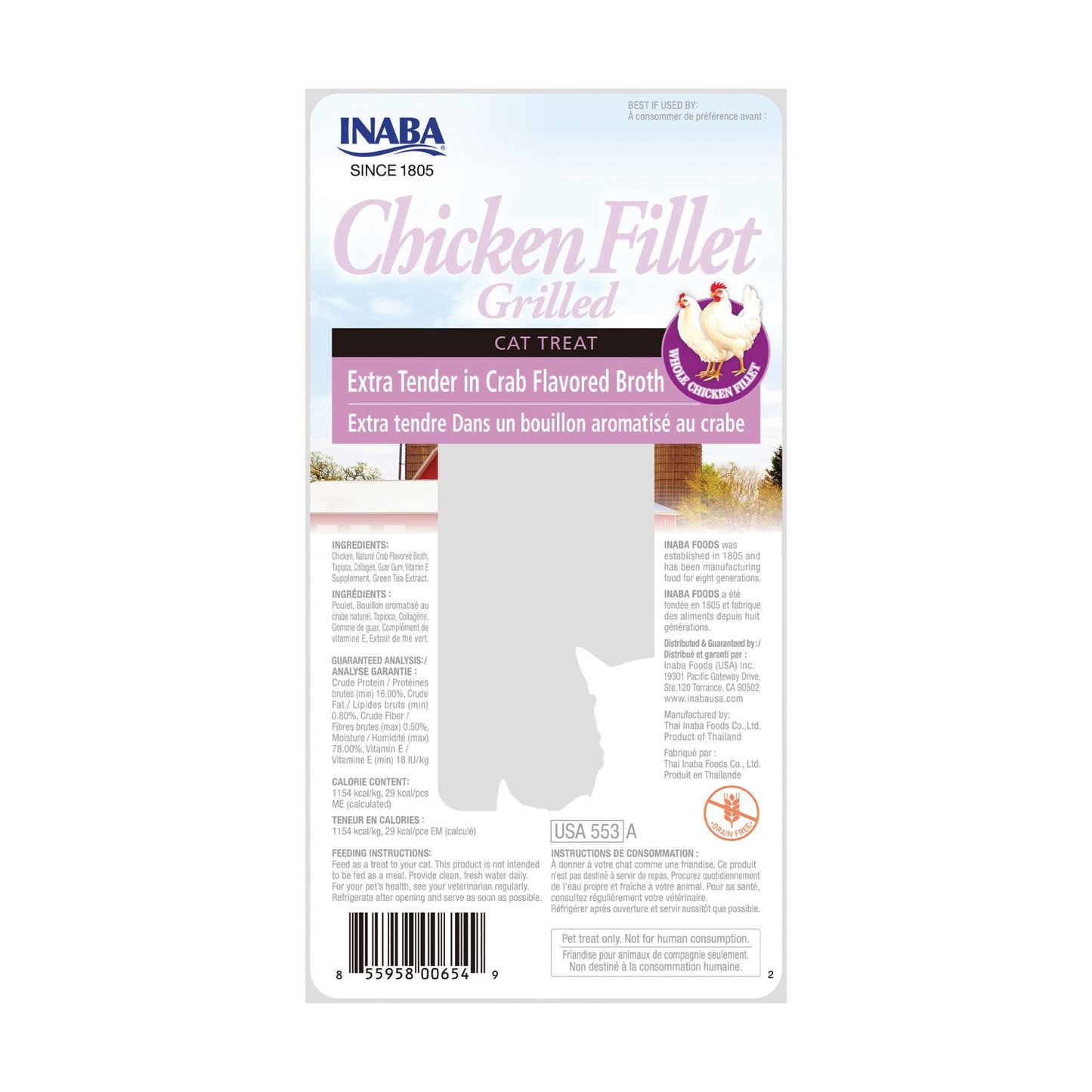 INABA Premium Hand-Cut Grilled Chicken Fillet Cat Treats/Topper with Vitamin E and Green Tea Extract, 0.9 Ounces Each, Pack of 6, Extra Tender Crab Broth