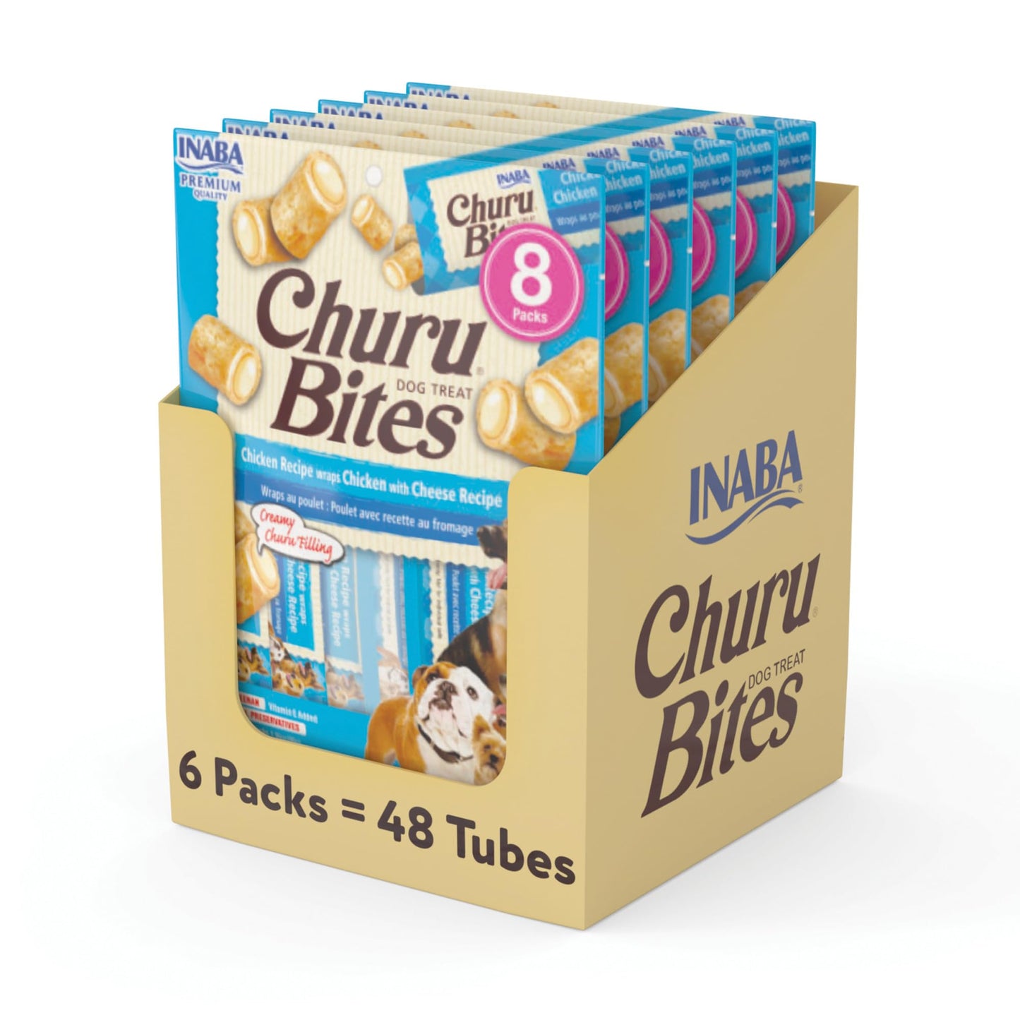 INABA Churu Bites for Dogs, Grain-Free, Soft/Chewy Baked Chicken Wrapped Churu Filled Dog Treats, 0.42 Ounces Each Tube | 48 Tubes Total (8 Tubes per Pack), Chicken with Cheese Recipe