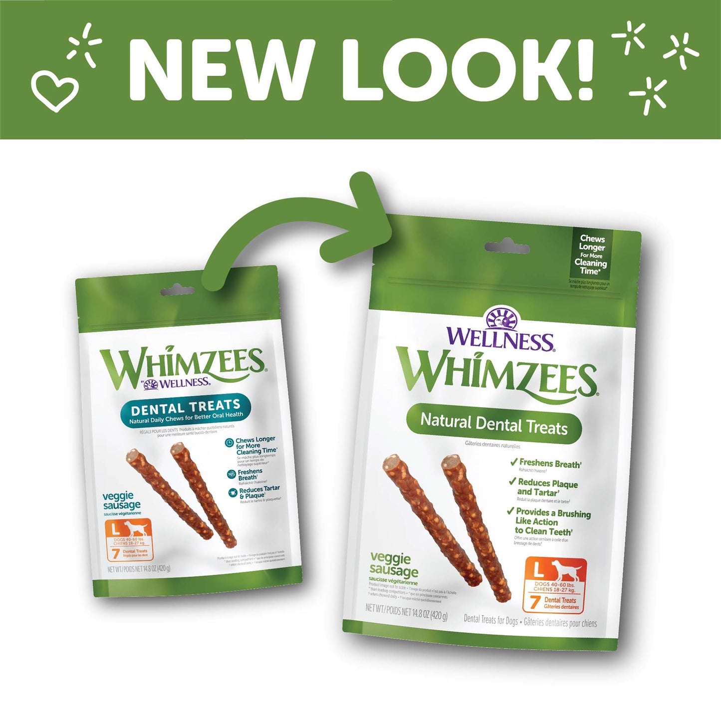 Wellness WHIMZEES Veggie Sausage Dog Dental Treats, Natural Chews, Large Size Stick, (7 Count)